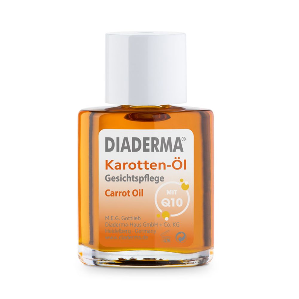 DIADERMA Karotten-Öl Q10 Gesichtspflege in Glasflasche mit weißem Deckel.