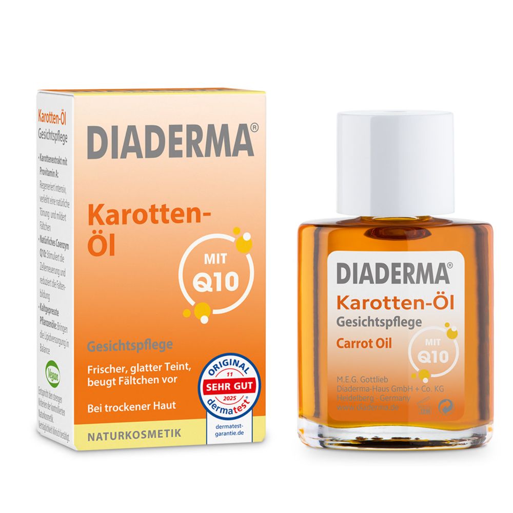 DIADERMA Karotten-Öl Q10 Gesichtspflege: Flakon und Umverpackung mit Q10 und Dermatest-Siegel.