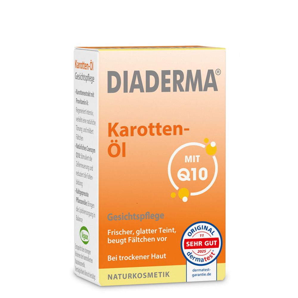 DIADERMA Karotten-Öl Q10 Gesichtspflege Umverpackung mit Naturkosmetik-Siegel und Dermatest-Siegel.