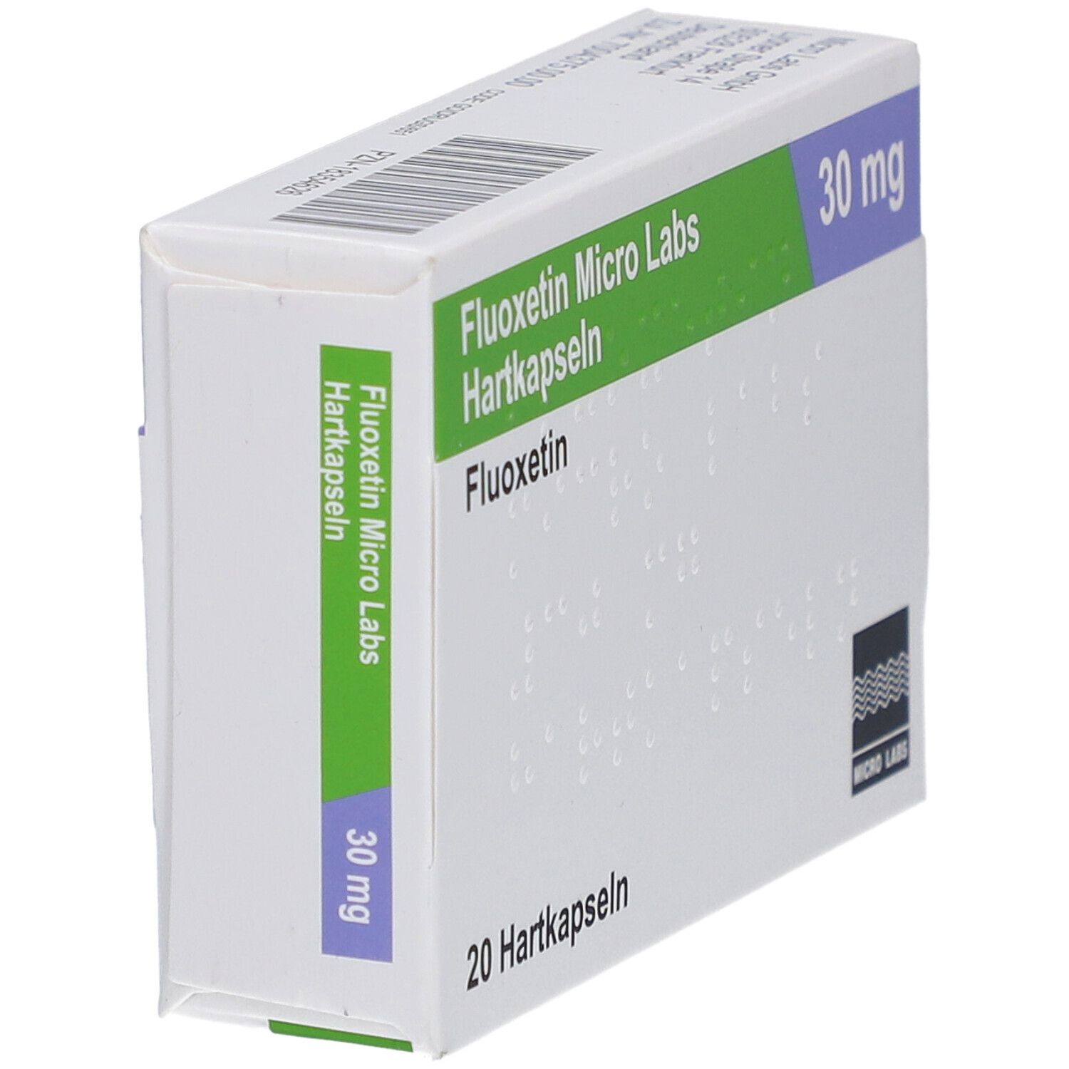 Schräg gestellte weiße Faltschachtel mit grünen und lila Akzenten. Beschriftung: Fluoxetin Micro Labs Hartkapseln, 30 mg, 20 Hartkapseln. Logo Micro Labs.