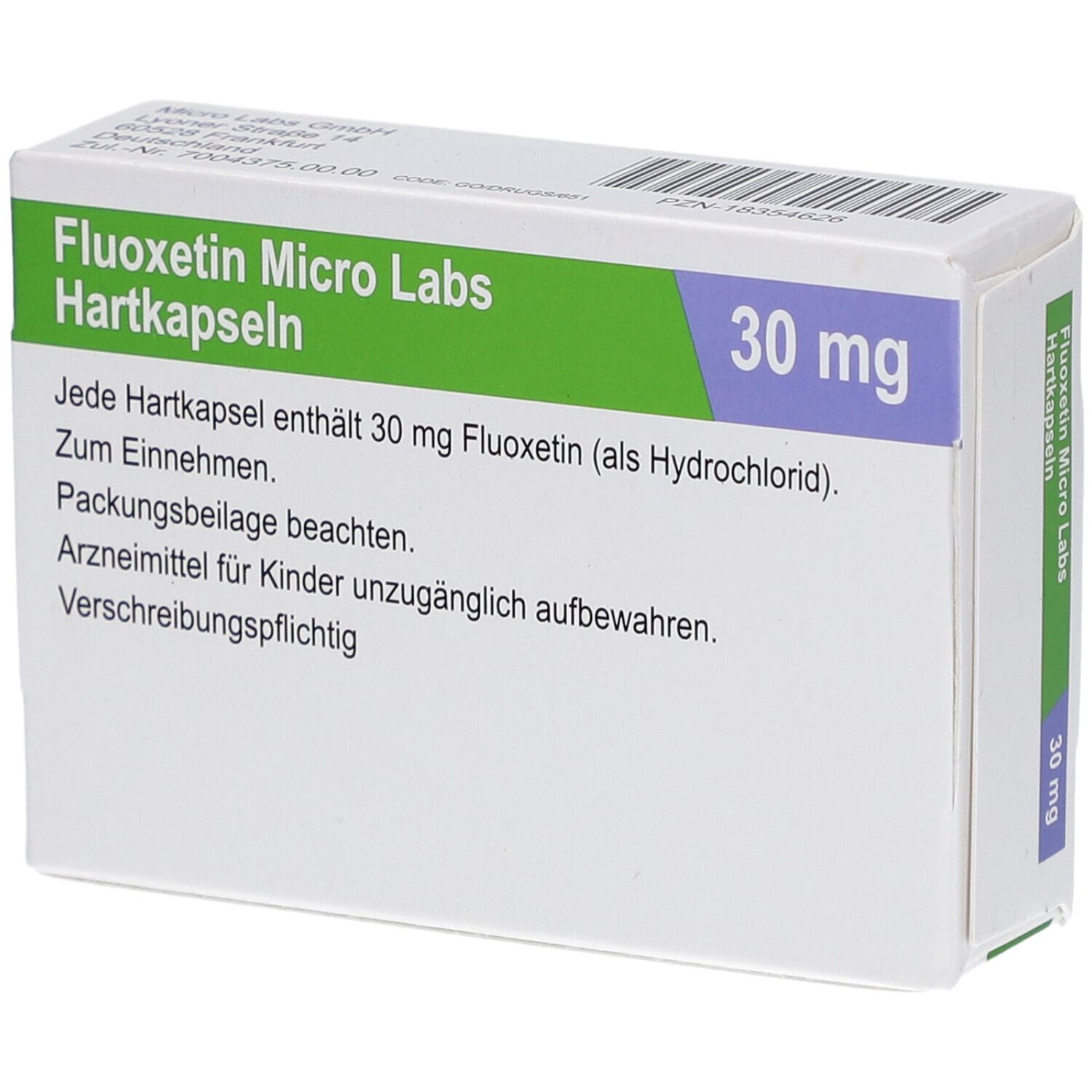 Weiße Faltschachtel mit grünen und lila Akzenten. Text: Fluoxetin Micro Labs Hartkapseln, 30 mg. Enthält 30 mg Fluoxetin. 20 Hartkapseln. Logo Micro Labs.