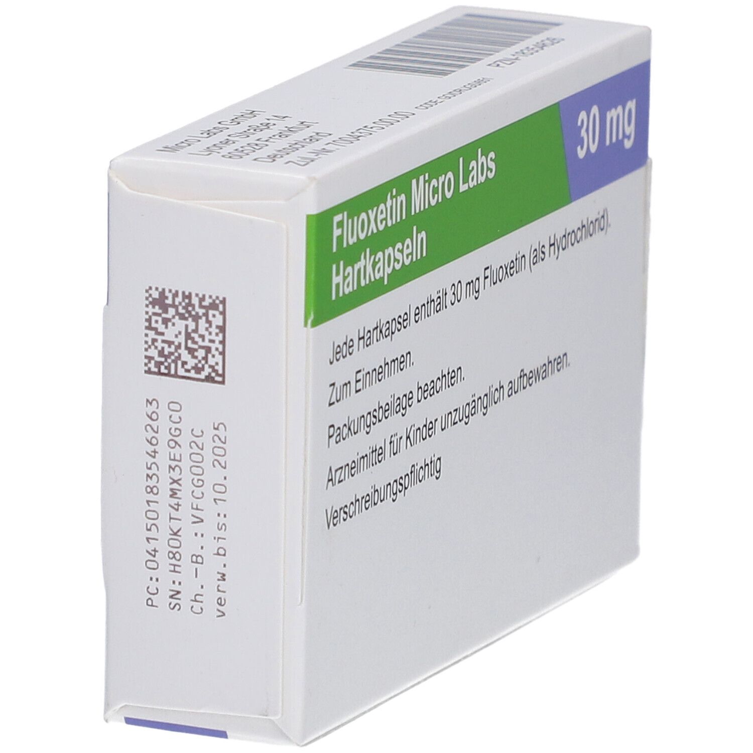 Schräg gestellte weiße Faltschachtel mit grünen und lila Akzenten. Text: Fluoxetin Micro Labs Hartkapseln, 30 mg. Enthält 30 mg Fluoxetin. Logo Micro Labs.