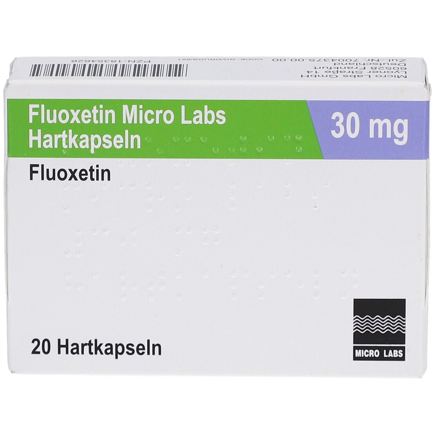 Weiße Faltschachtel mit grünen und lila Akzenten. Beschriftung: Fluoxetin Micro Labs Hartkapseln, 30 mg, 20 Hartkapseln. Logo Micro Labs.