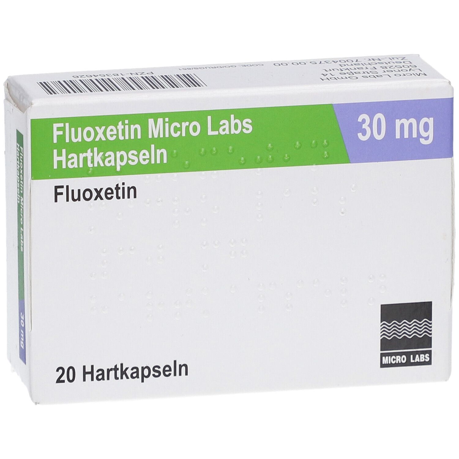 Weiße Faltschachtel mit grünen und lila Akzenten. Beschriftung: Fluoxetin Micro Labs Hartkapseln, 30 mg, 20 Hartkapseln. Logo Micro Labs.