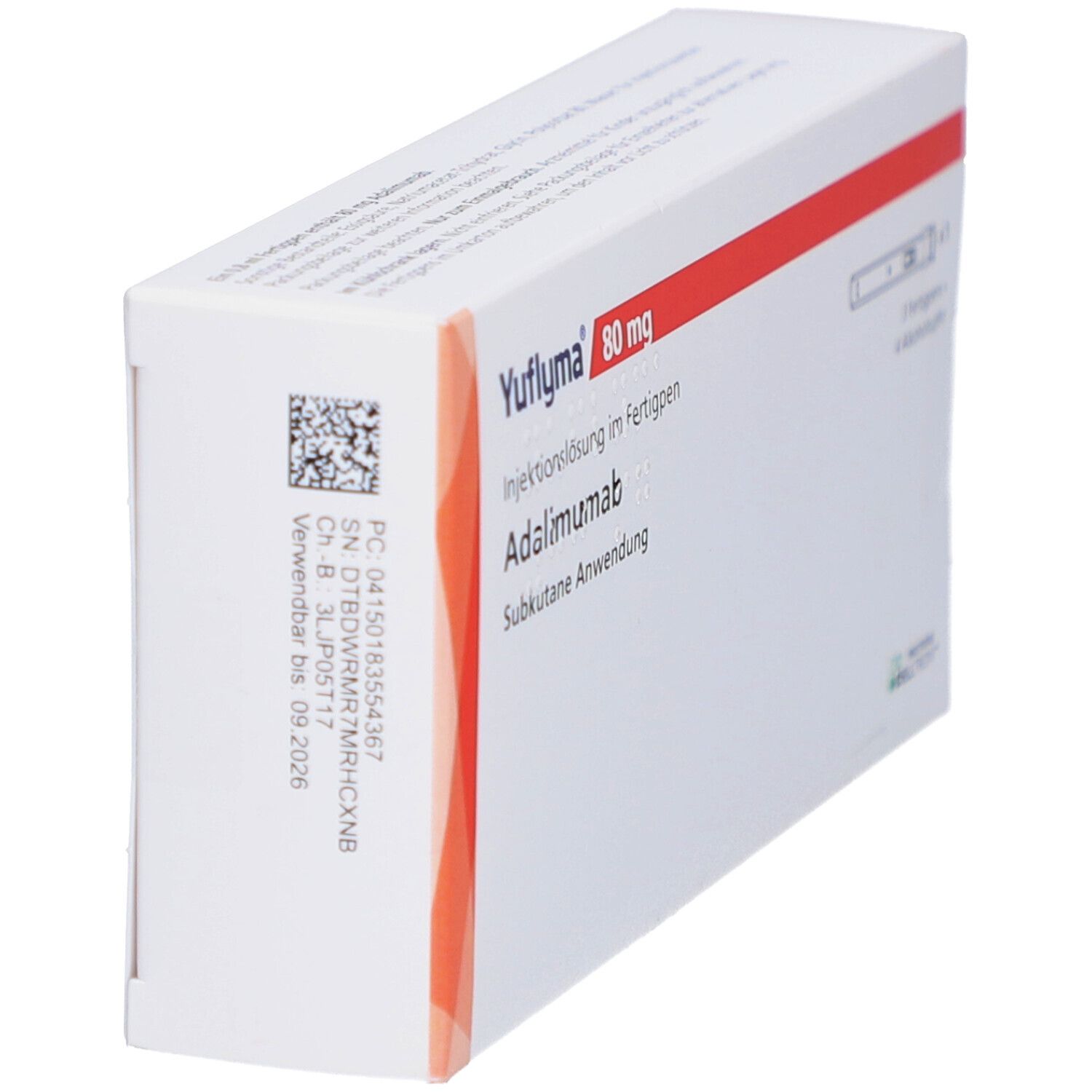 Schachtel YUFLYMA 80 mg. Roter Streifen. Text: Adalimumab, Injektionslösung im Fertigpen. Seitenansicht.