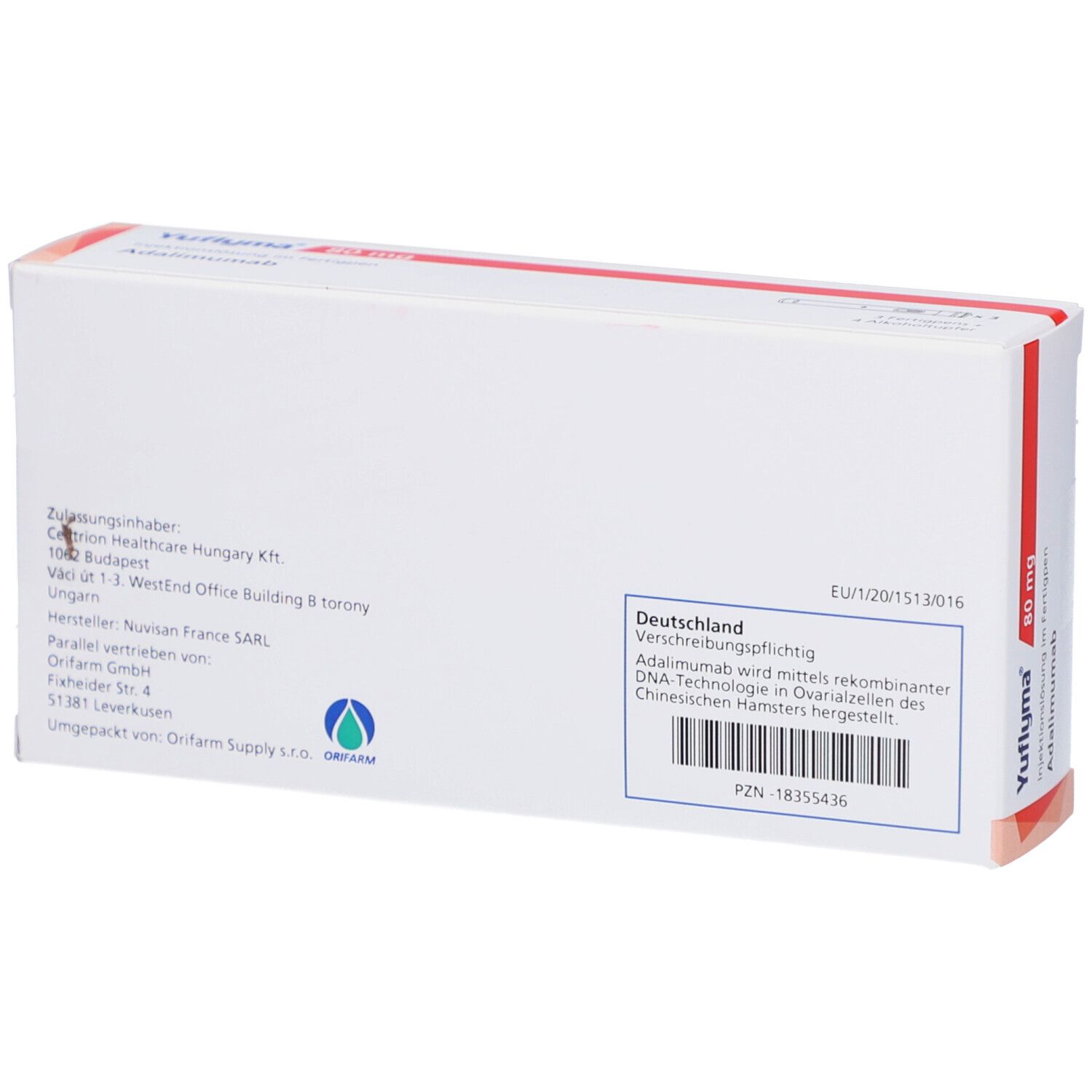 Rückseite der YUFLYMA 80 mg Schachtel. Text: Adalimumab. Informationen zu Hersteller und Inhaltsstoffen.