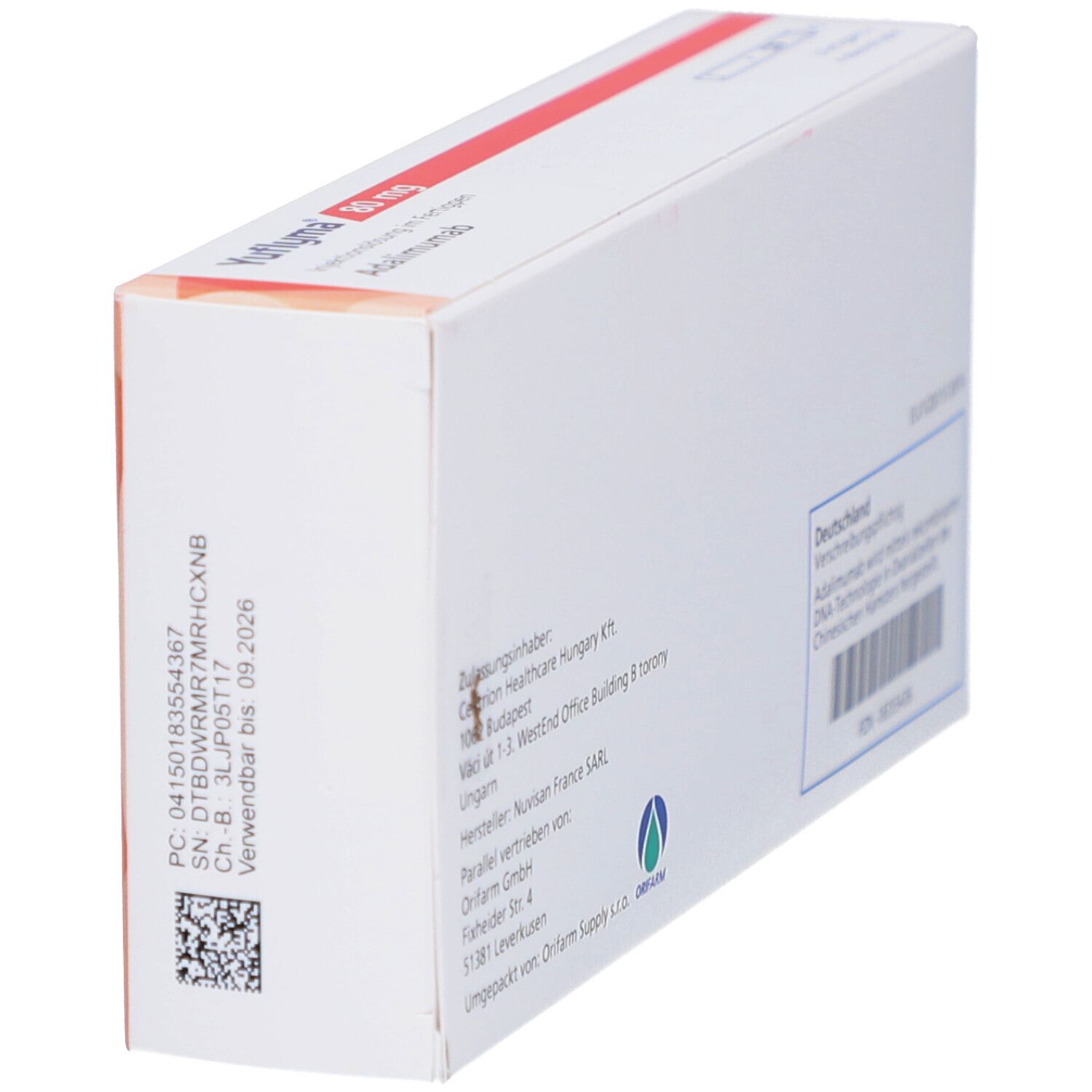 Seitenansicht der YUFLYMA 80 mg Schachtel. Text: Adalimumab. Informationen zu Hersteller und Inhaltsstoffen.