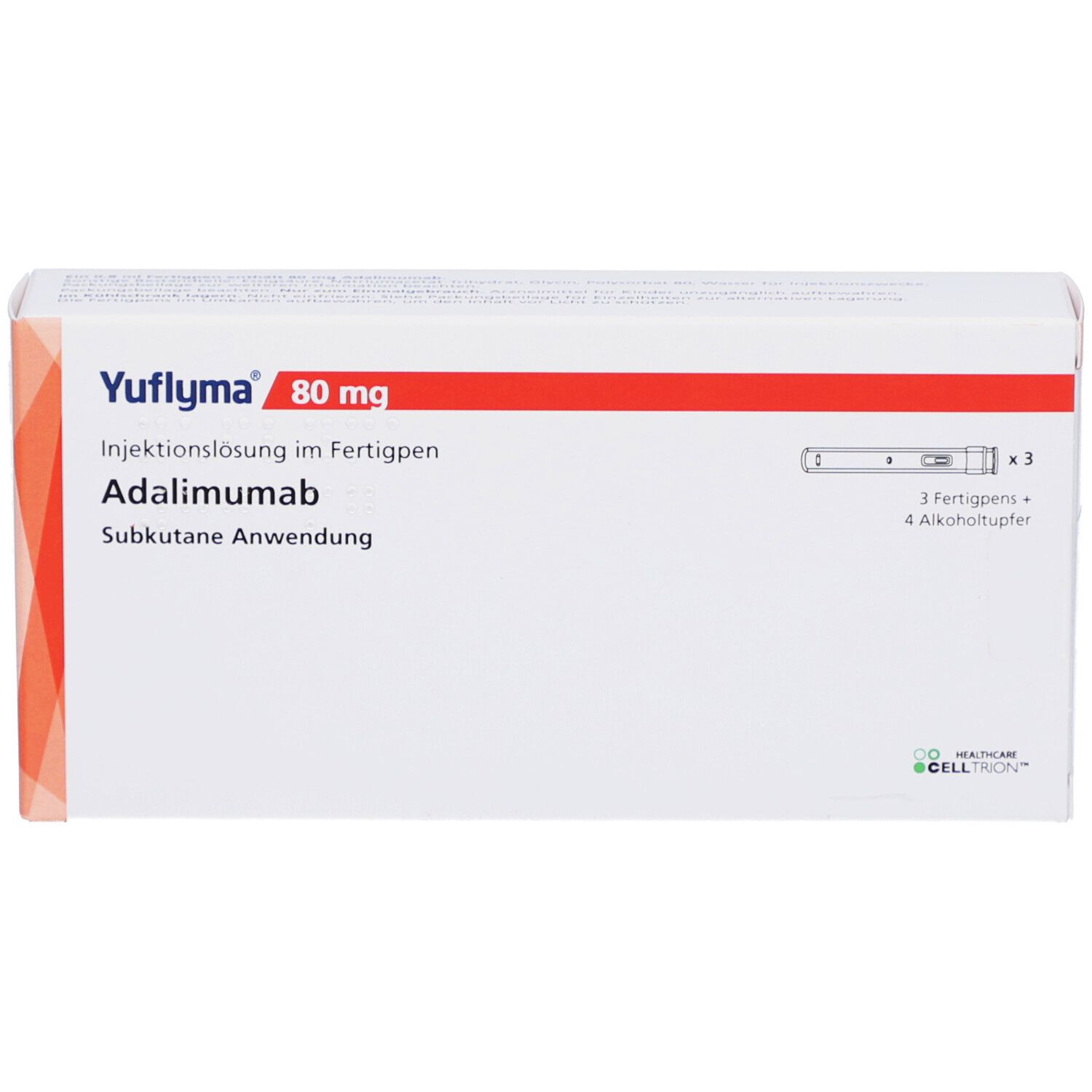 YUFLYMA 80 mg Packung. Enthält 3 Fertigpens und 4 Alkoholtupfer. Text: Adalimumab, Injektionslösung.
