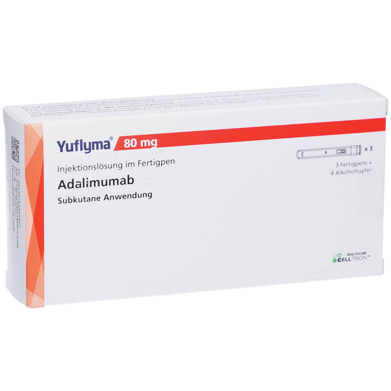 YUFLYMA 80 mg Packung. Enthält 3 Fertigpens und 4 Alkoholtupfer. Text: Adalimumab, Injektionslösung.