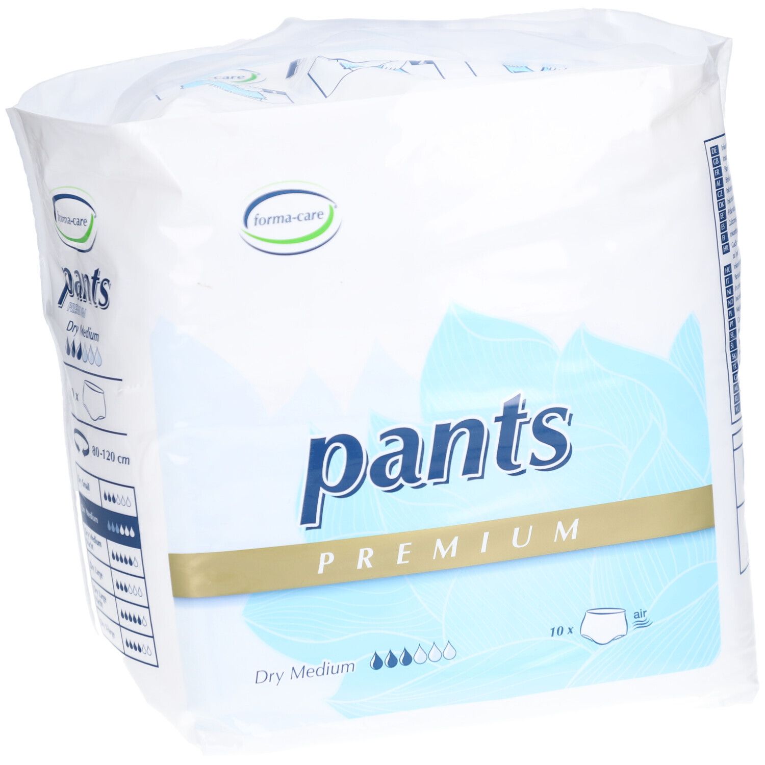 Verpackung FORMA-care Pants Premium Dry Medium. Weiße Folienverpackung mit Produktbezeichnung und Logo. Größe 80-120 cm.