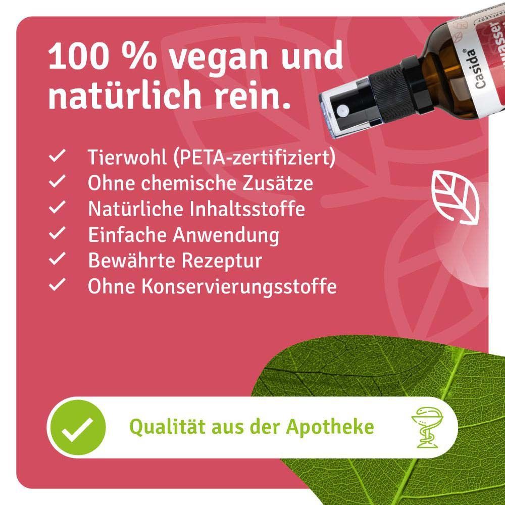 Rotes Feld mit Text: 100% vegan und natürlich rein. Auflistung von Eigenschaften, Qualität aus der Apotheke.