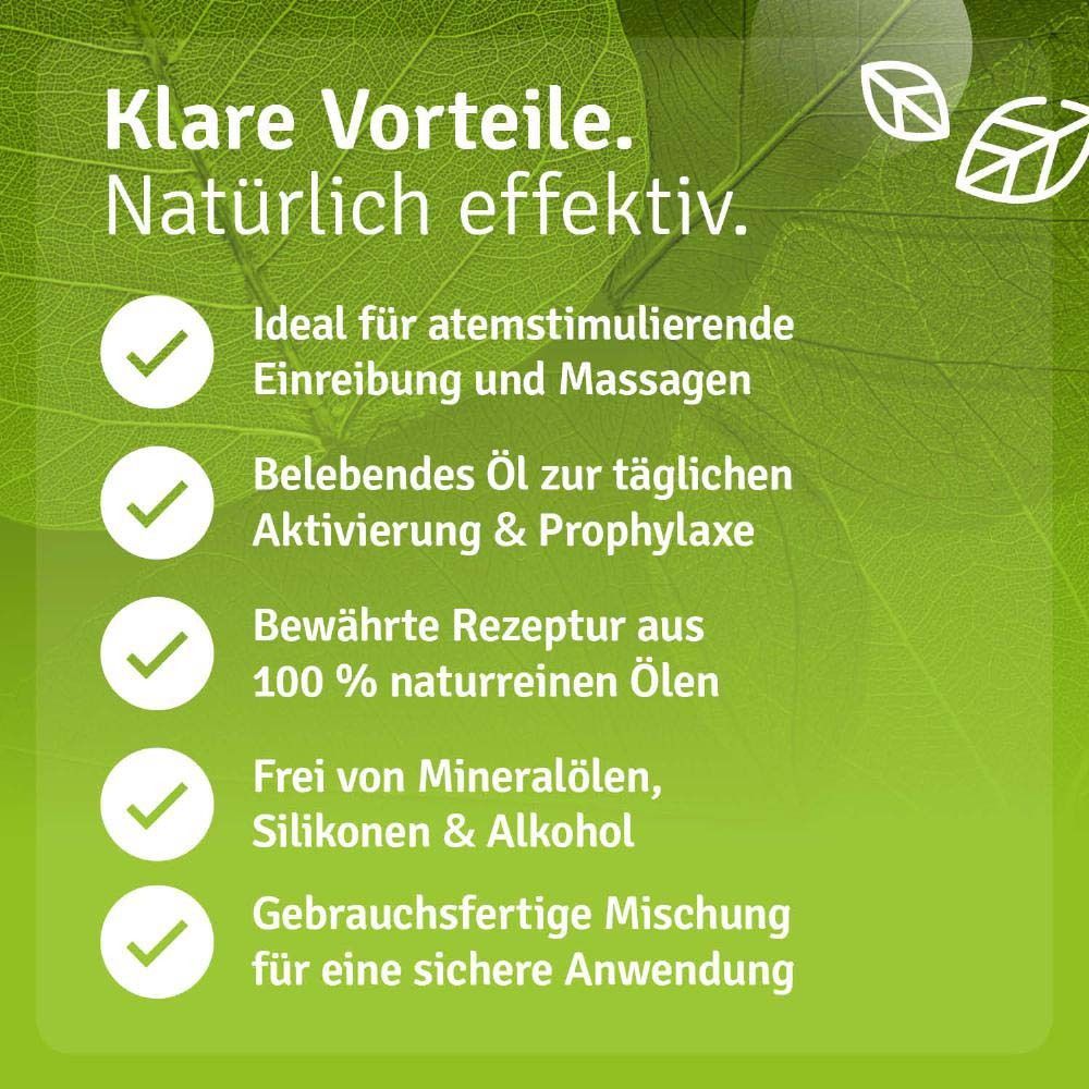Produktflasche mit Text. Text: Klare Vorteile. Natürlich effektiv. Ideal für atmestimulierende Einreibung und Massagen.