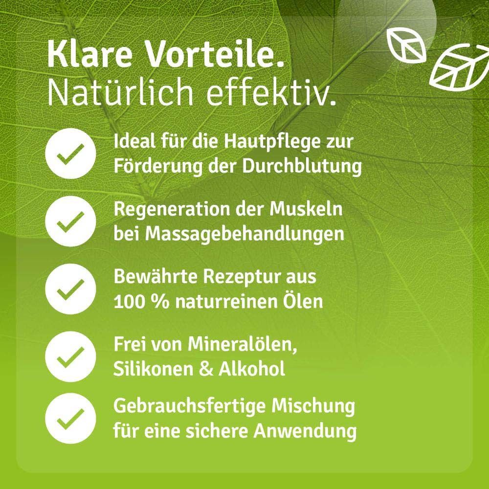 Text. Vorteile: Hautpflege, Förderung der Durchblutung, Regeneration der Muskeln, 100% naturreine Öle, frei von Mineralölen.