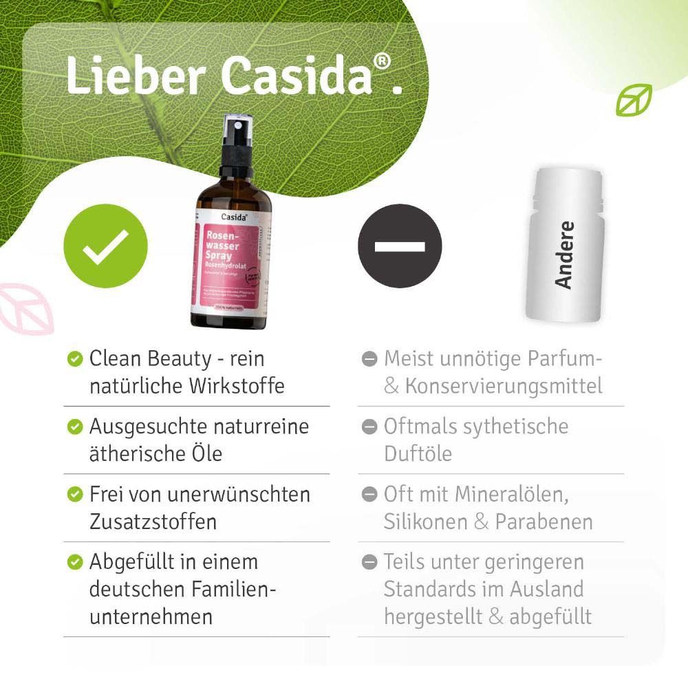 Vergleich: Casida vs. Andere. Casida: Clean Beauty, natürliche Wirkstoffe, ätherische Öle. Andere: unnötige Parfums, synthetische Duftstoffe.