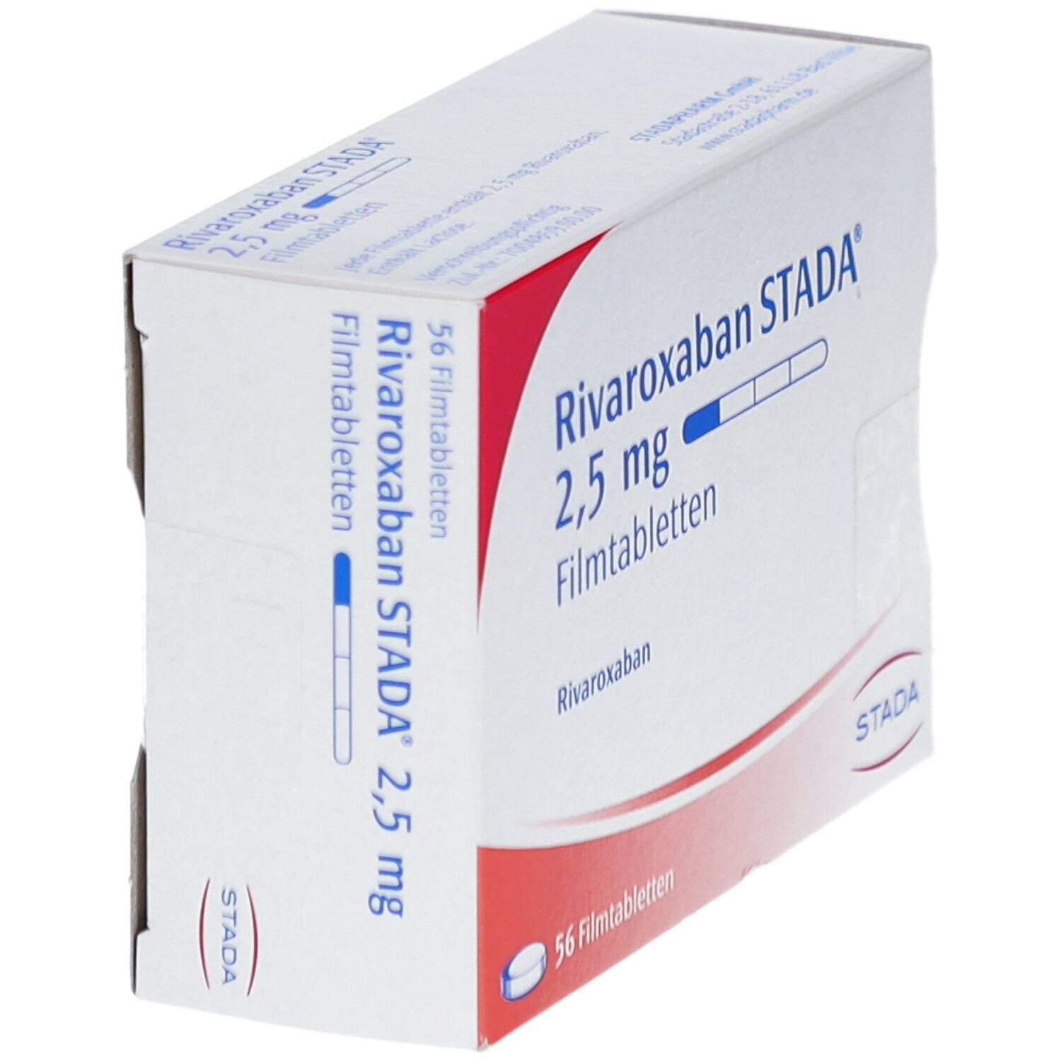 Schachtel RIVAROXABAN STADA 2,5 mg Filmtabletten. Aufschrift: 56 Filmtabletten. STADA-Logo. Rosa und weiße Farbgebung. Ansicht schräg.