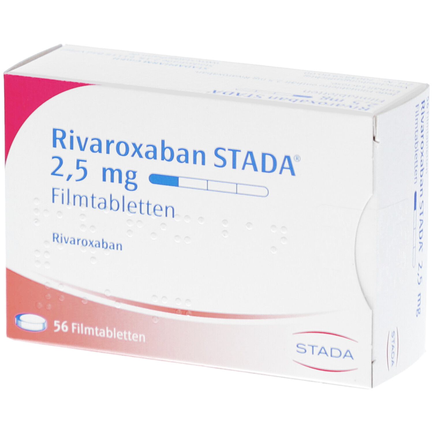 Schachtel mit RIVAROXABAN STADA 2,5 mg Filmtabletten. Aufschrift: 56 Filmtabletten. STADA-Logo. Rosa und weiße Farbgebung.