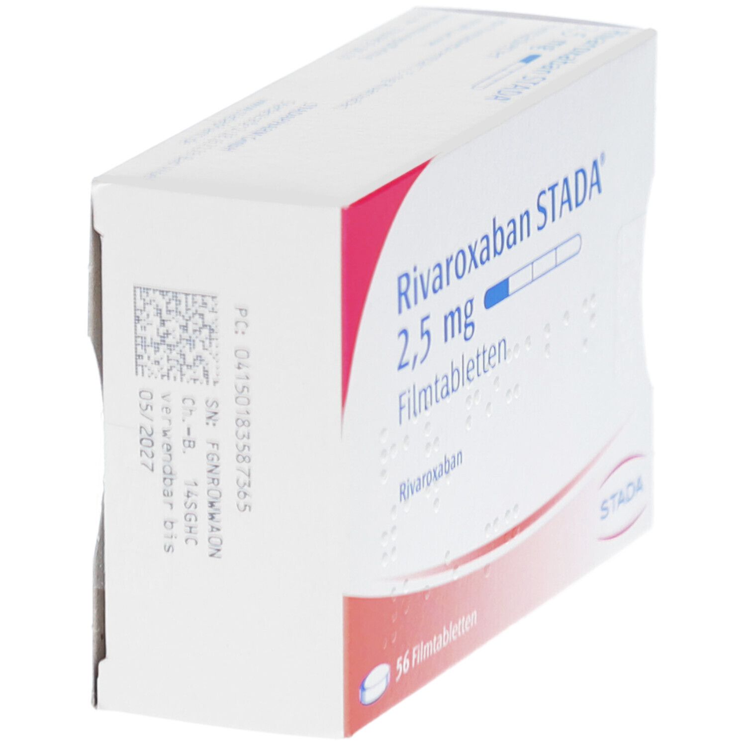 Schachtel RIVAROXABAN STADA 2,5 mg Filmtabletten. Aufschrift: 56 Filmtabletten. STADA-Logo. Rosa und weiße Farbgebung. Ansicht schräg.