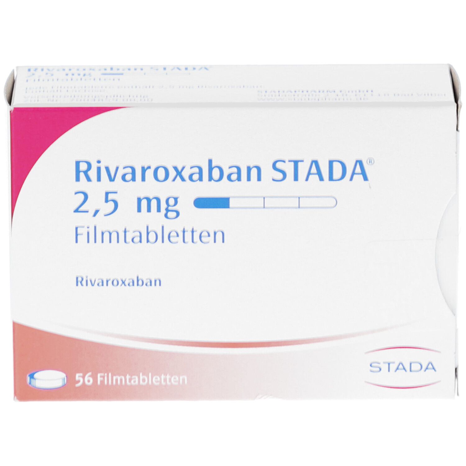 Schachtel mit RIVAROXABAN STADA 2,5 mg Filmtabletten. Aufschrift: 56 Filmtabletten. STADA-Logo. Rosa und weiße Farbgebung.