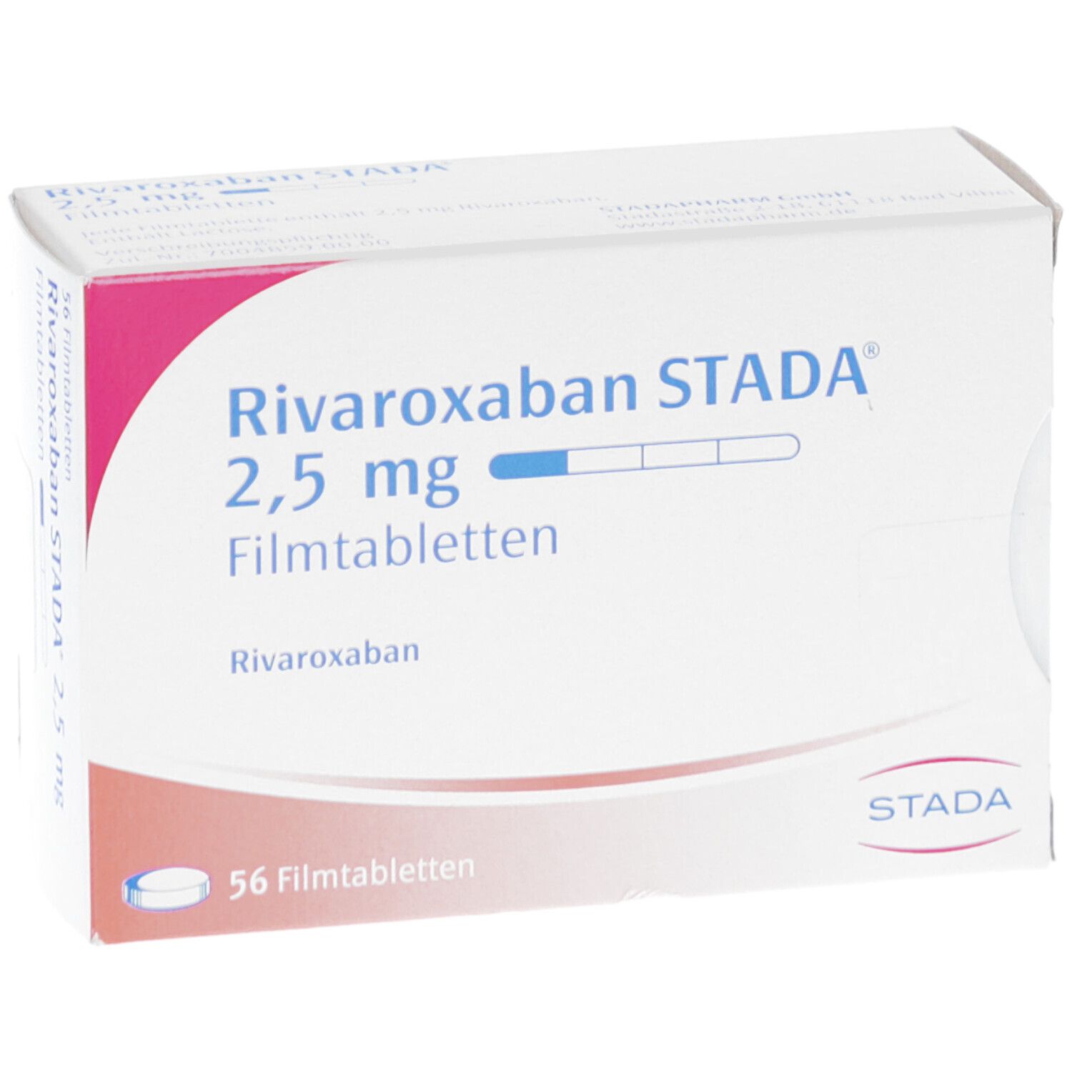Schachtel mit RIVAROXABAN STADA 2,5 mg Filmtabletten. Aufschrift: 56 Filmtabletten. STADA-Logo. Rosa und weiße Farbgebung.