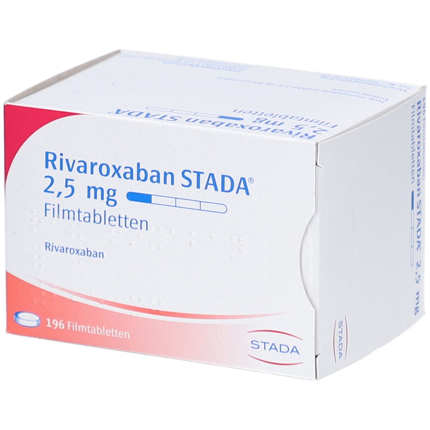 Weißer Karton mit roter Ecke. Aufschrift: Rivaroxaban STADA 2,5 mg Filmtabletten. 196 Filmtabletten. STADA Logo.