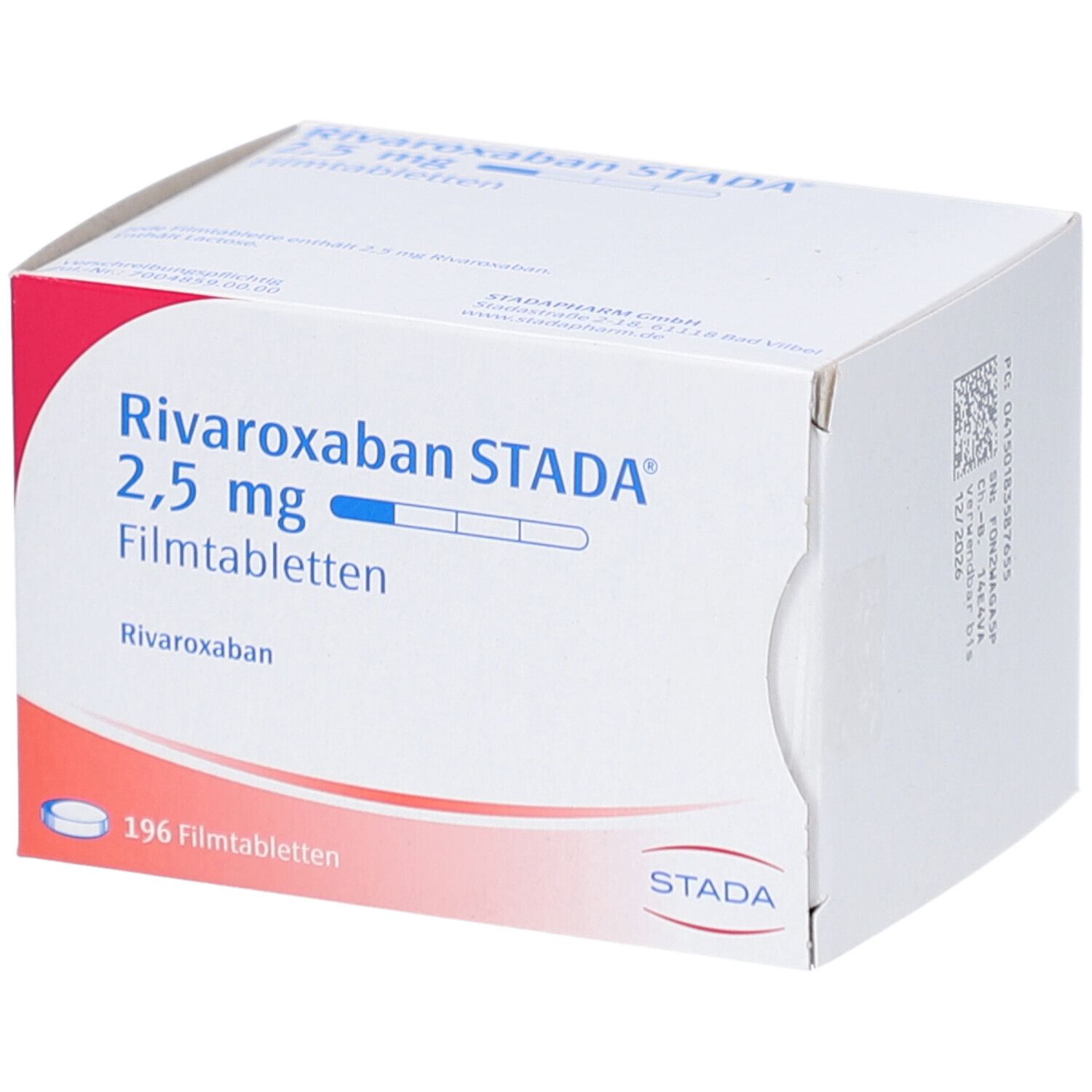 Weißer Karton mit roter Ecke. Aufschrift: Rivaroxaban STADA 2,5 mg Filmtabletten. 196 Filmtabletten. STADA Logo. Barcode.