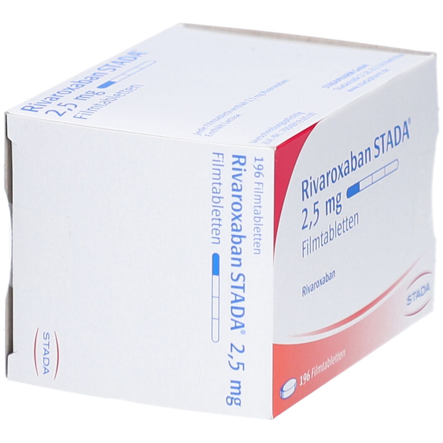 Weißer Karton, Seitenansicht. Aufschrift: Rivaroxaban STADA 2,5 mg Filmtabletten. 196 Filmtabletten. STADA Logo.