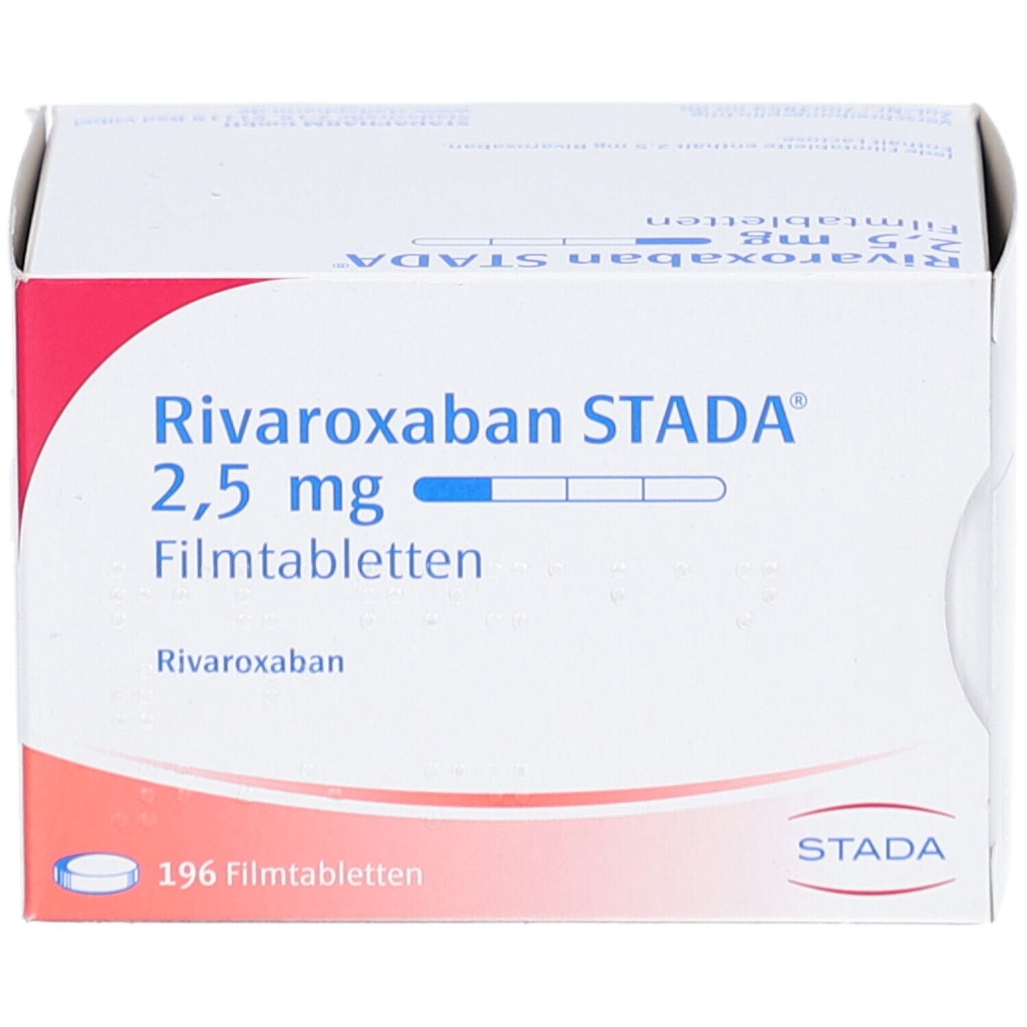 Weißer Karton mit roter Ecke. Aufschrift: Rivaroxaban STADA 2,5 mg Filmtabletten. 196 Filmtabletten. STADA Logo.