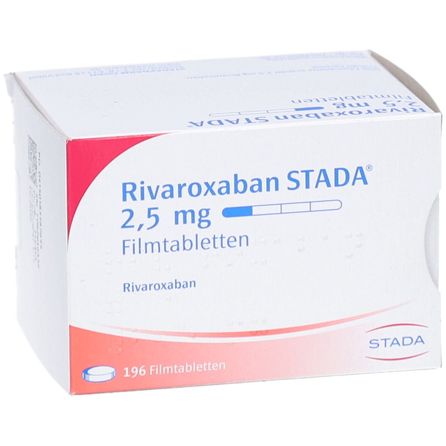Weißer Karton mit roter Ecke. Aufschrift: Rivaroxaban STADA 2,5 mg Filmtabletten. 196 Filmtabletten. STADA Logo.