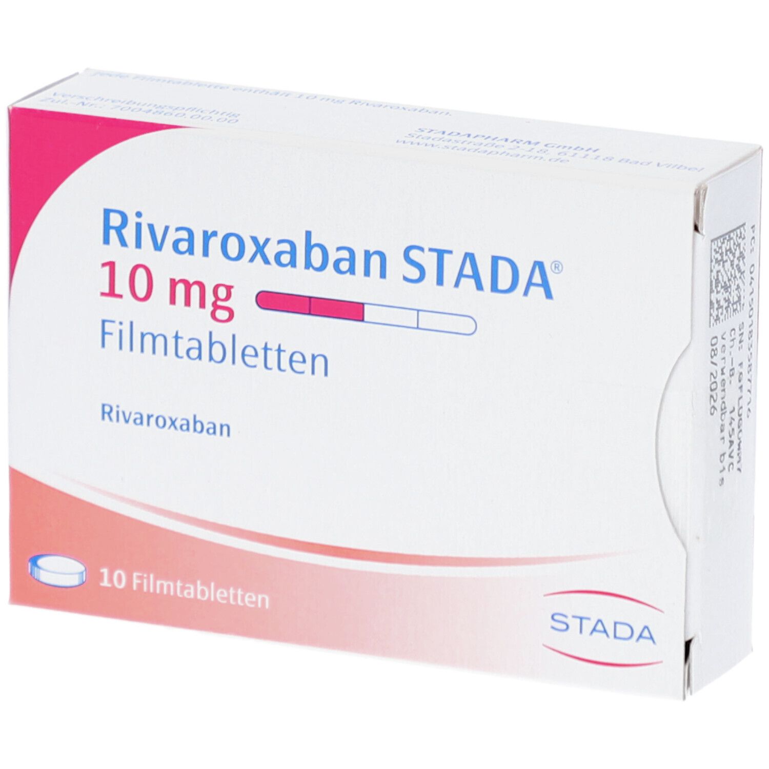 Schachtel mit RIVAROXABAN STADA 10 mg Filmtabletten. Aufschrift: 10 Filmtabletten. STADA Logo.