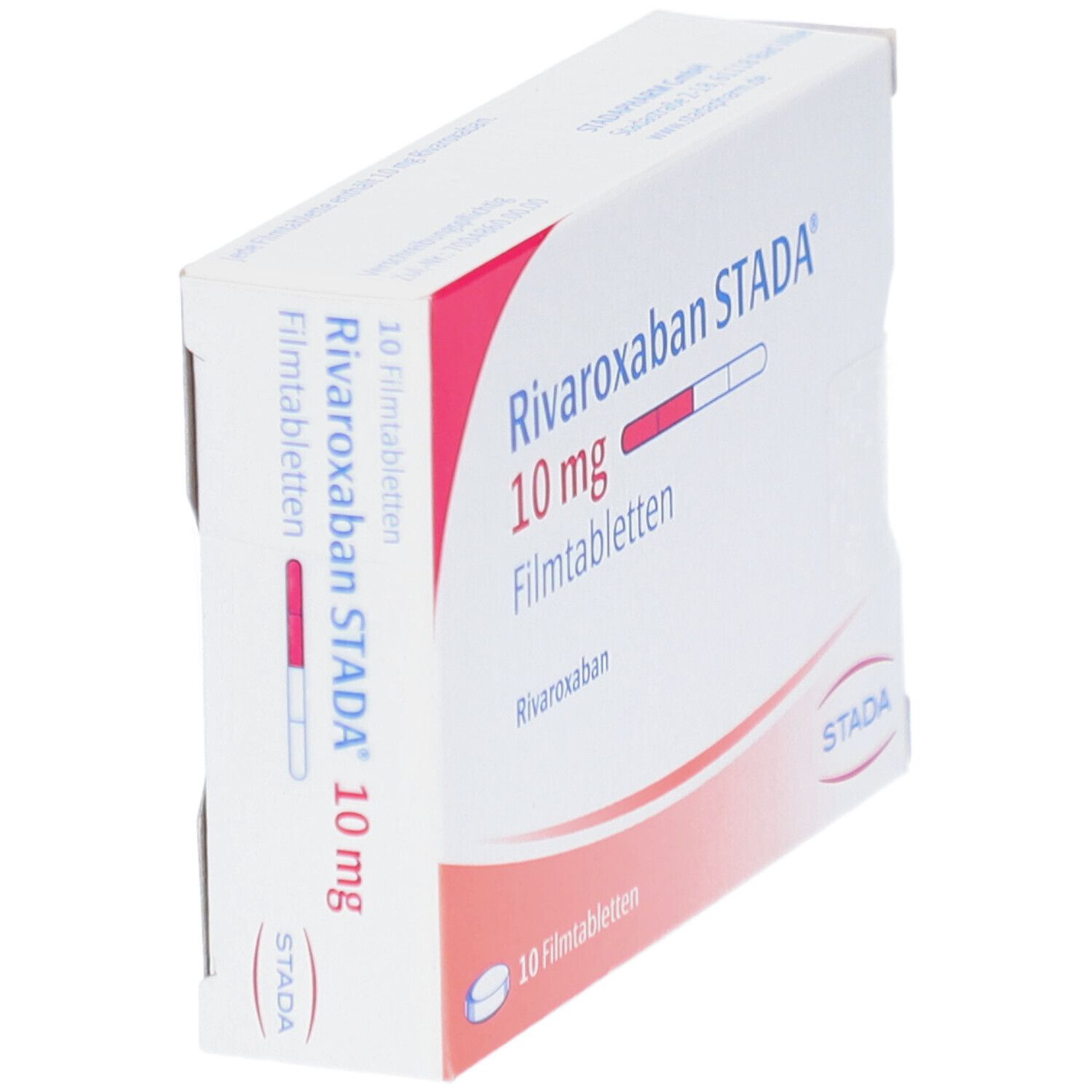 Schachtel RIVAROXABAN STADA 10 mg Filmtabletten. Aufschrift: 10 Filmtabletten. STADA Logo. Ansicht schräg.