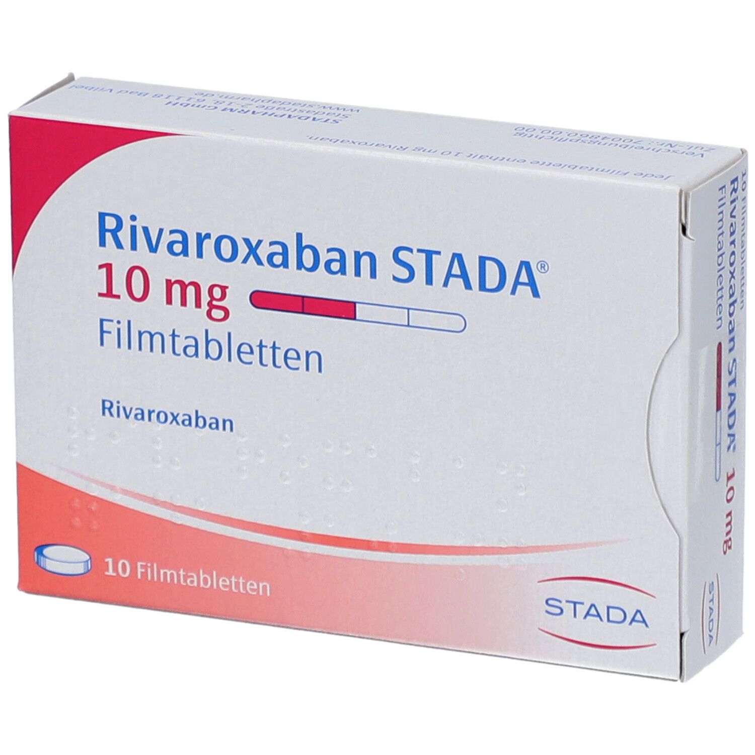 Schachtel RIVAROXABAN STADA 10 mg Filmtabletten. Aufschrift: 10 Filmtabletten. STADA Logo.