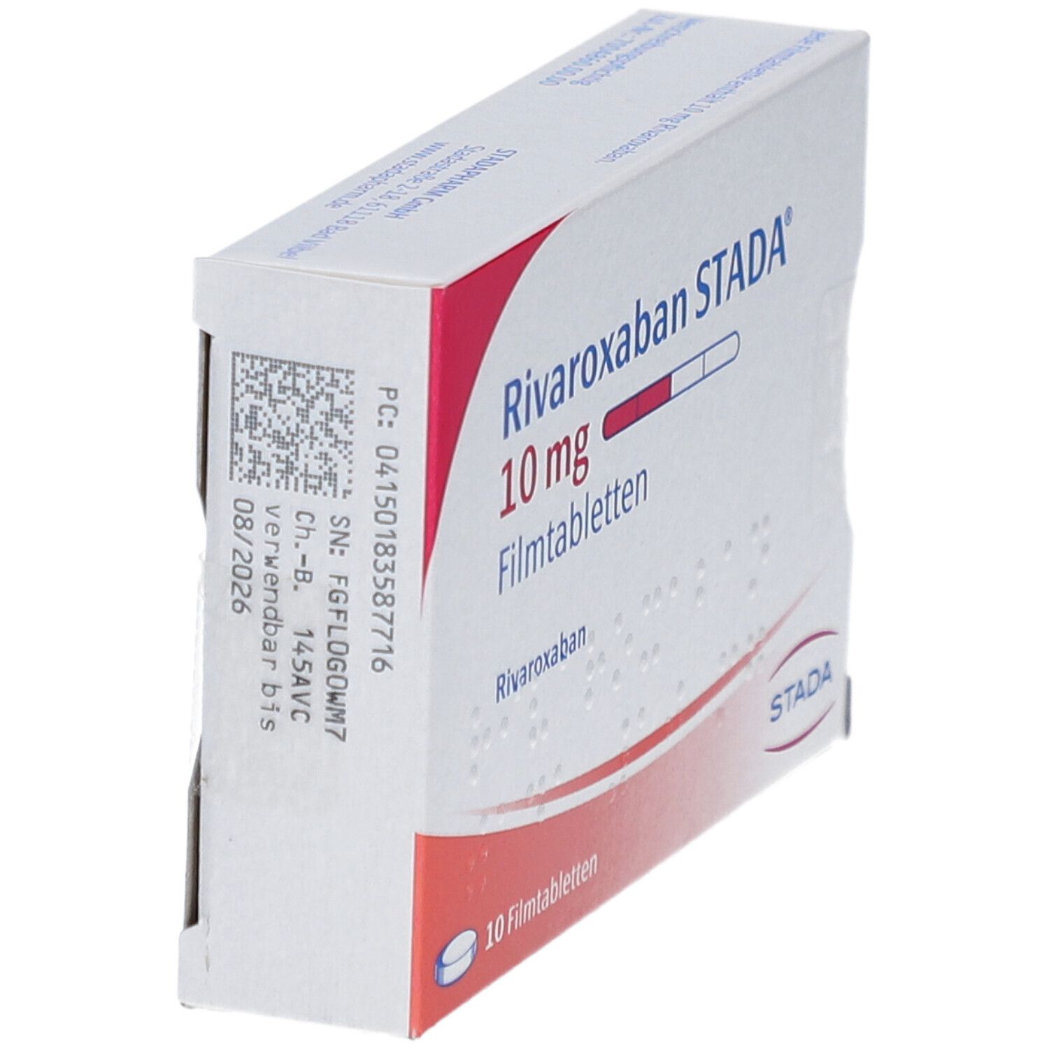 Schachtel RIVAROXABAN STADA 10 mg Filmtabletten. Aufschrift: 10 Filmtabletten. STADA Logo. Detailansicht.
