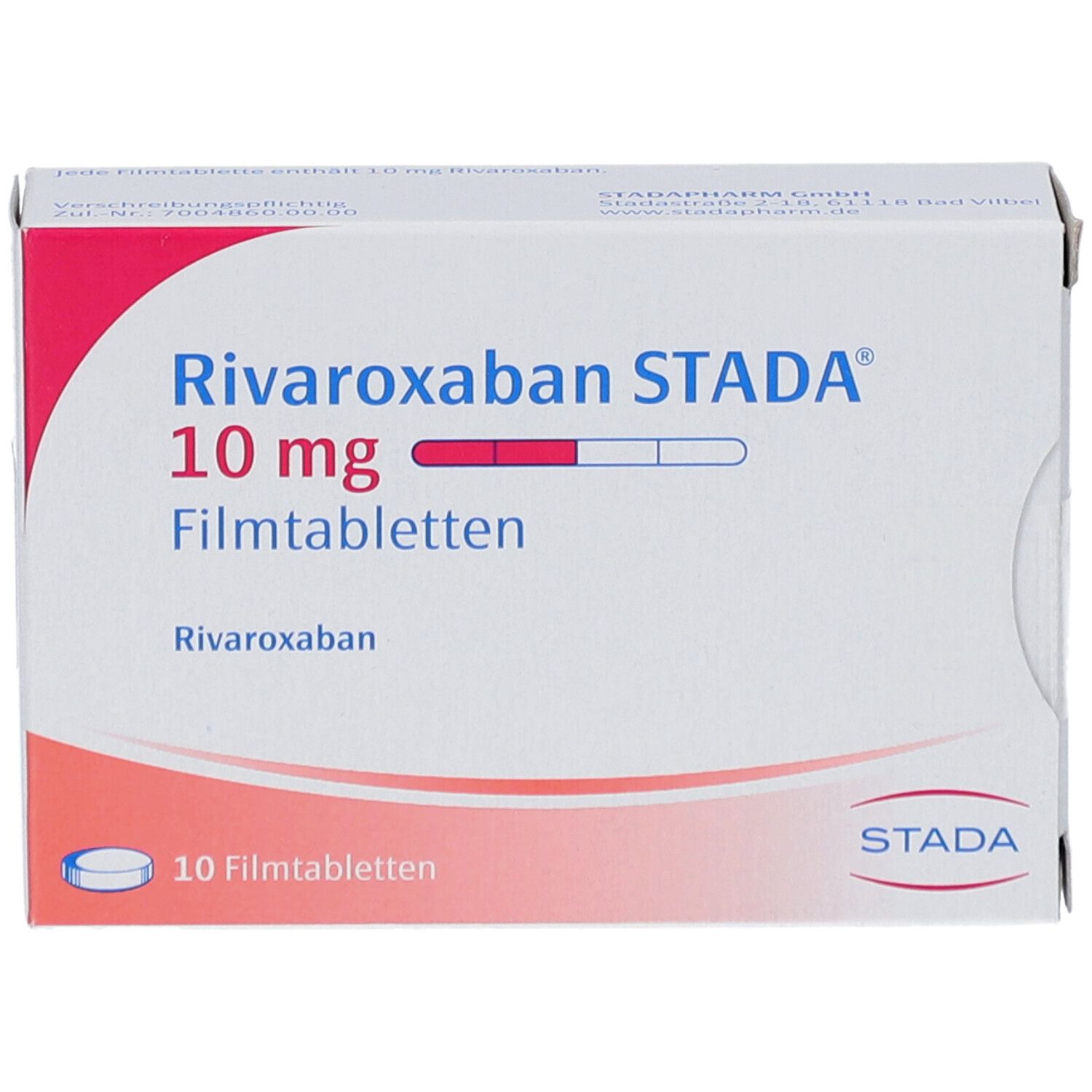 Schachtel RIVAROXABAN STADA 10 mg Filmtabletten. Aufschrift: 10 Filmtabletten. STADA Logo.