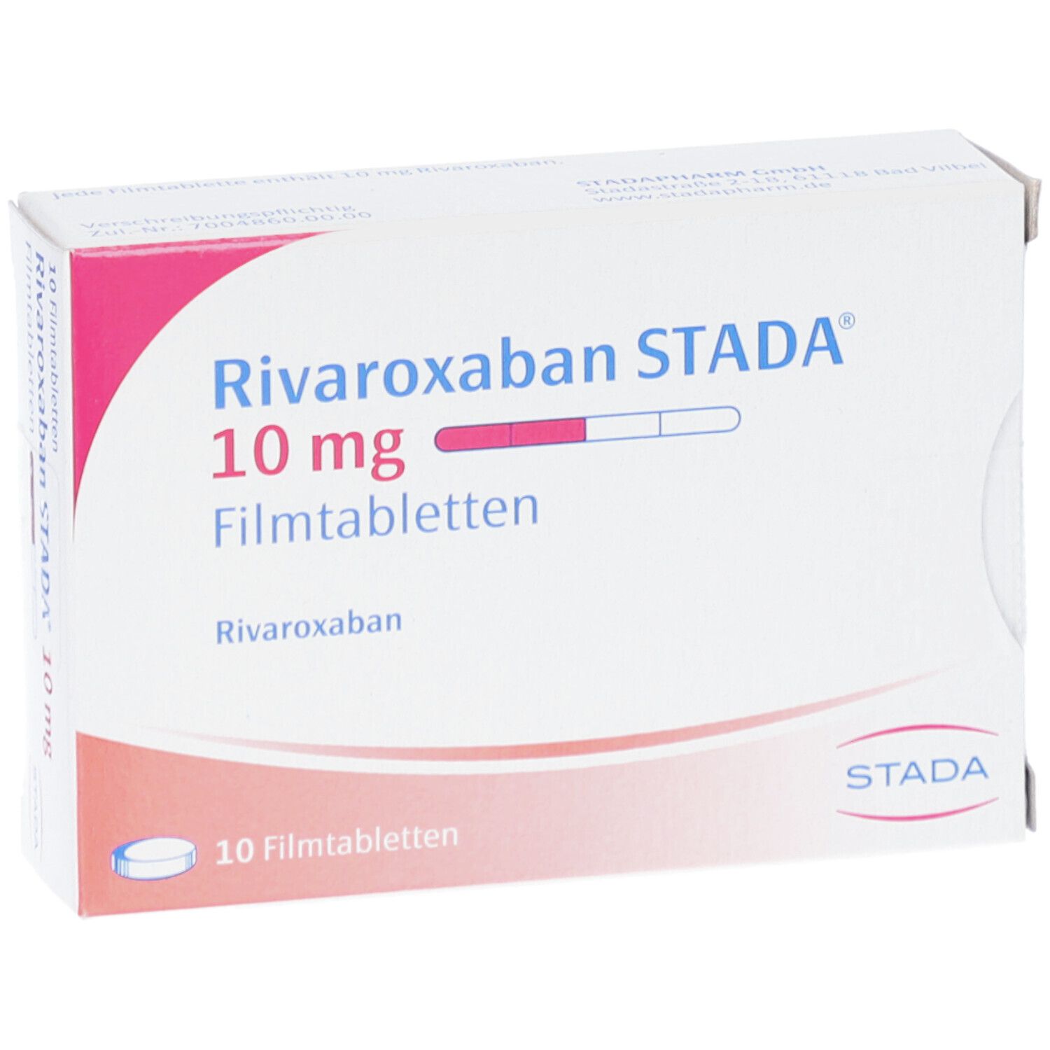Schachtel RIVAROXABAN STADA 10 mg Filmtabletten. Aufschrift: 10 Filmtabletten. STADA Logo.