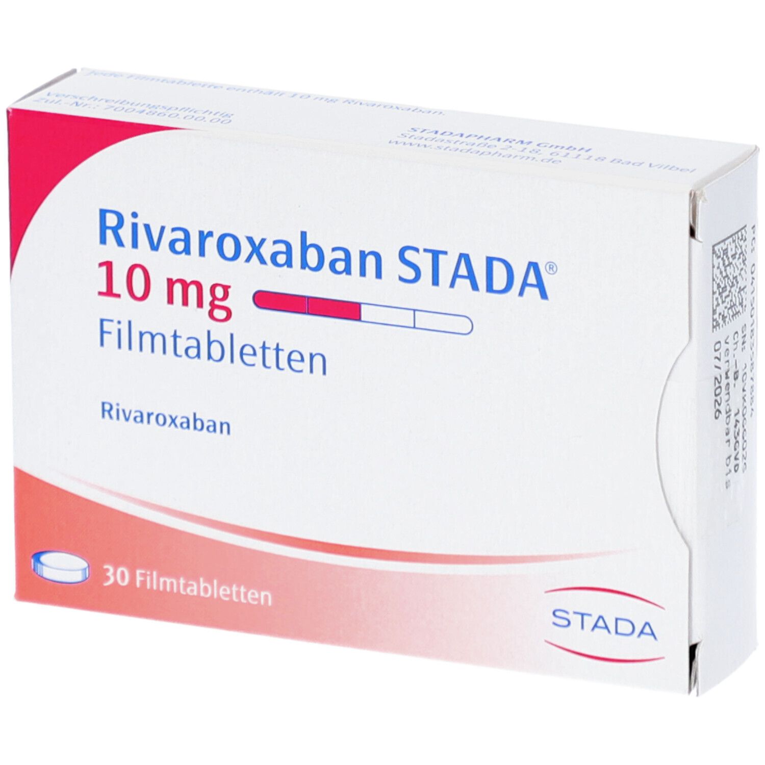 Schachtel mit RIVAROXABAN STADA 10 mg Filmtabletten. Aufdruck: 30 Filmtabletten. STADA-Logo.
