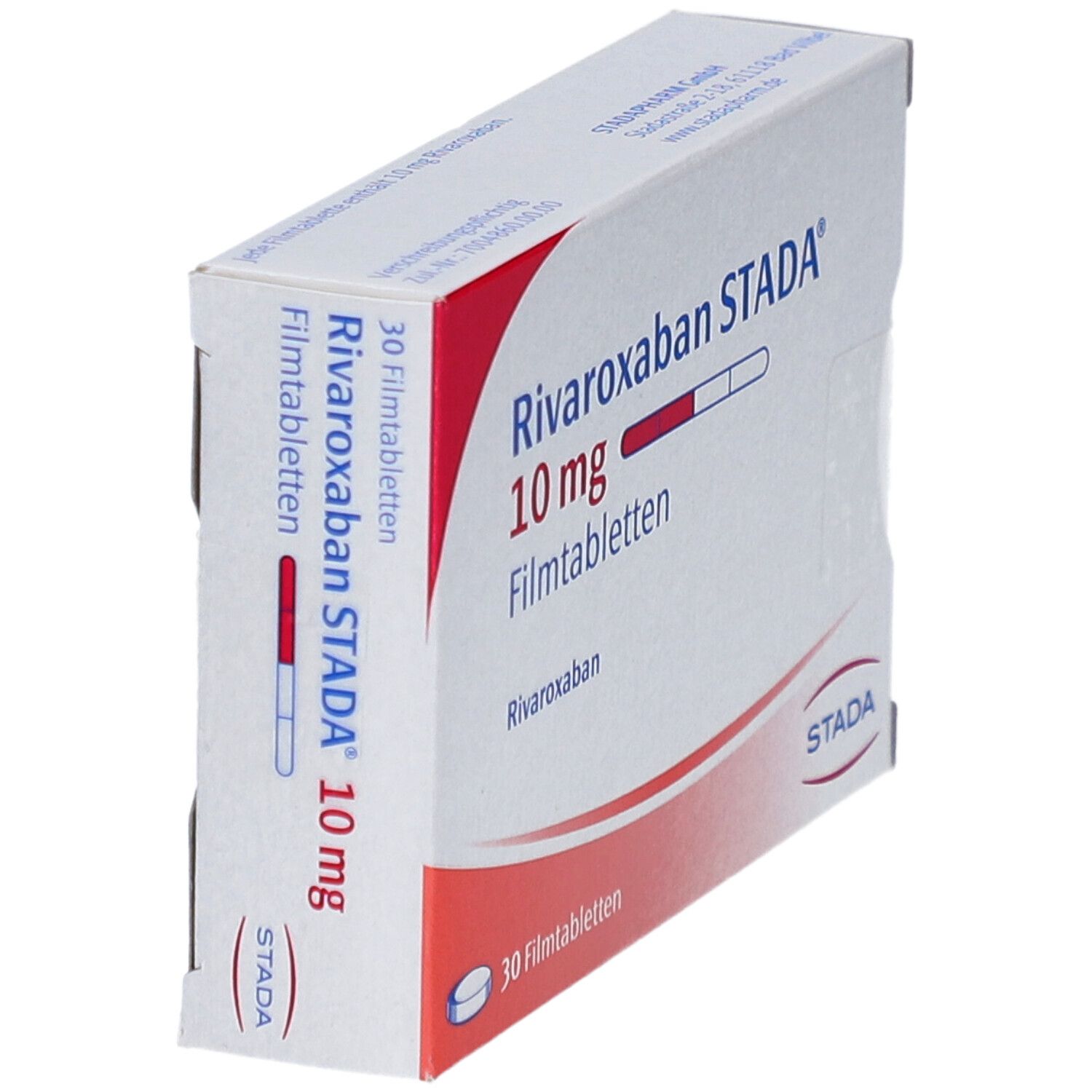 Schachtel RIVAROXABAN STADA 10 mg Filmtabletten. Aufdruck: 30 Filmtabletten. STADA-Logo. Seitenansicht.