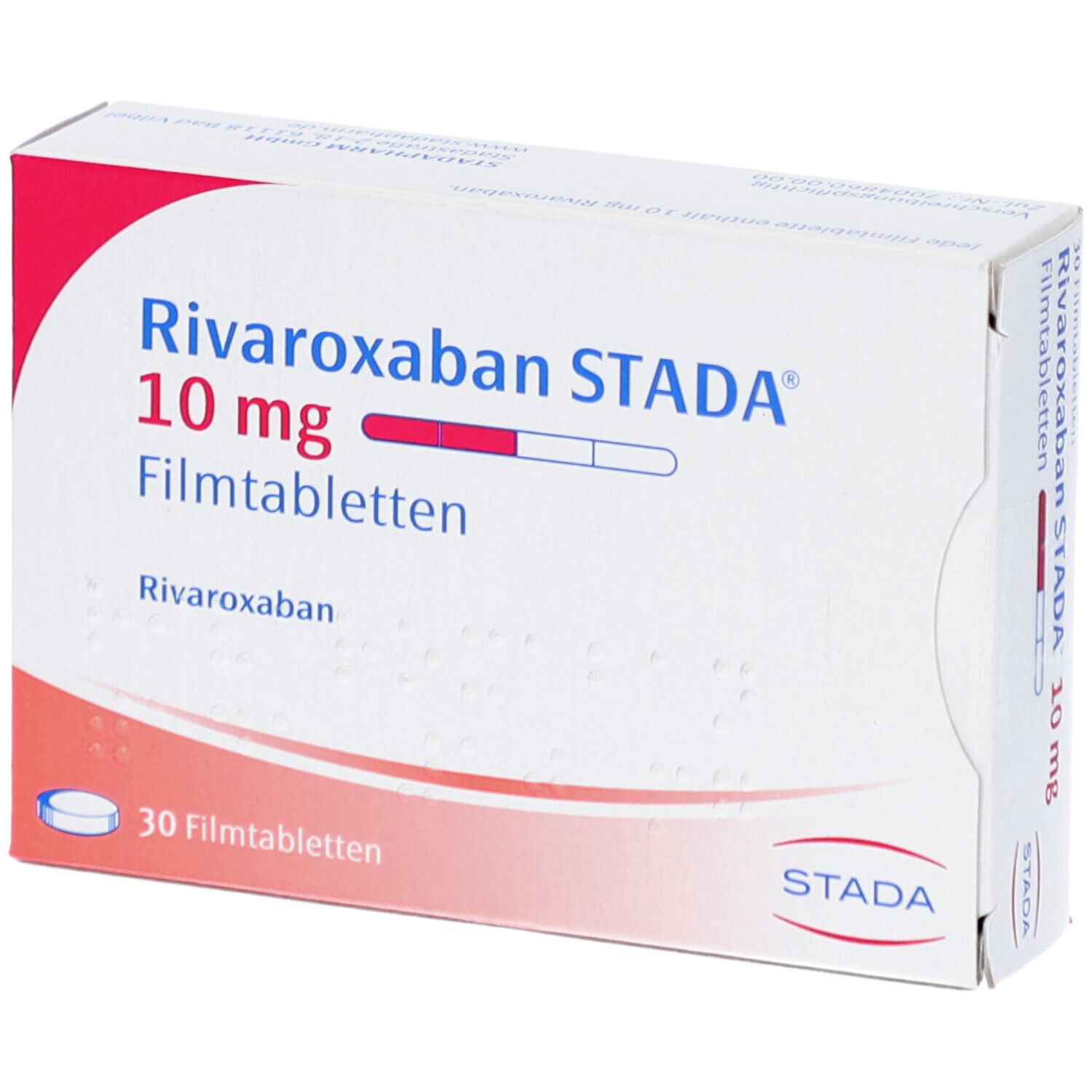 Schachtel mit RIVAROXABAN STADA 10 mg Filmtabletten. Aufdruck: 30 Filmtabletten. STADA-Logo.