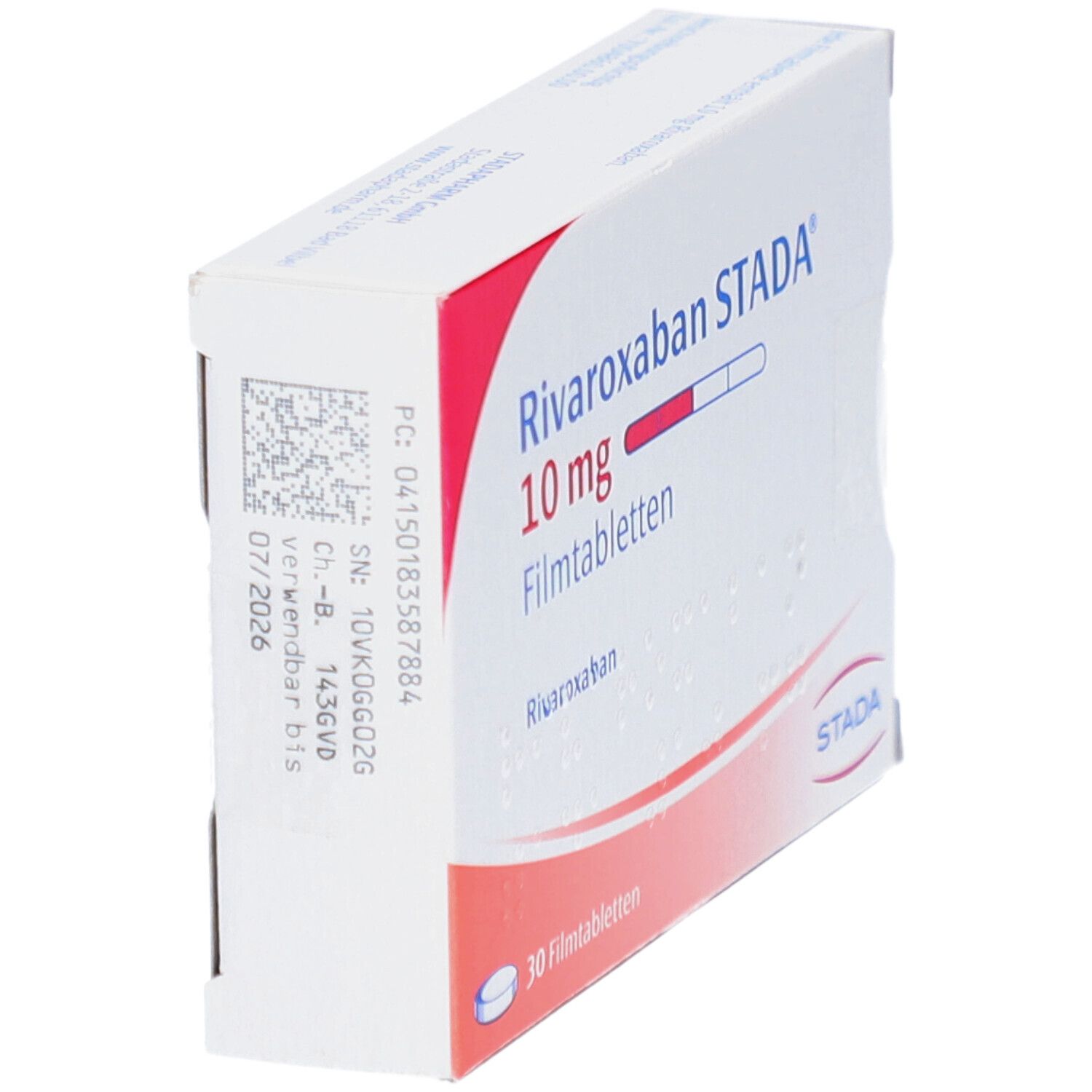 Schachtel RIVAROXABAN STADA 10 mg Filmtabletten. Aufdruck: 30 Filmtabletten. STADA-Logo. Detailansicht.