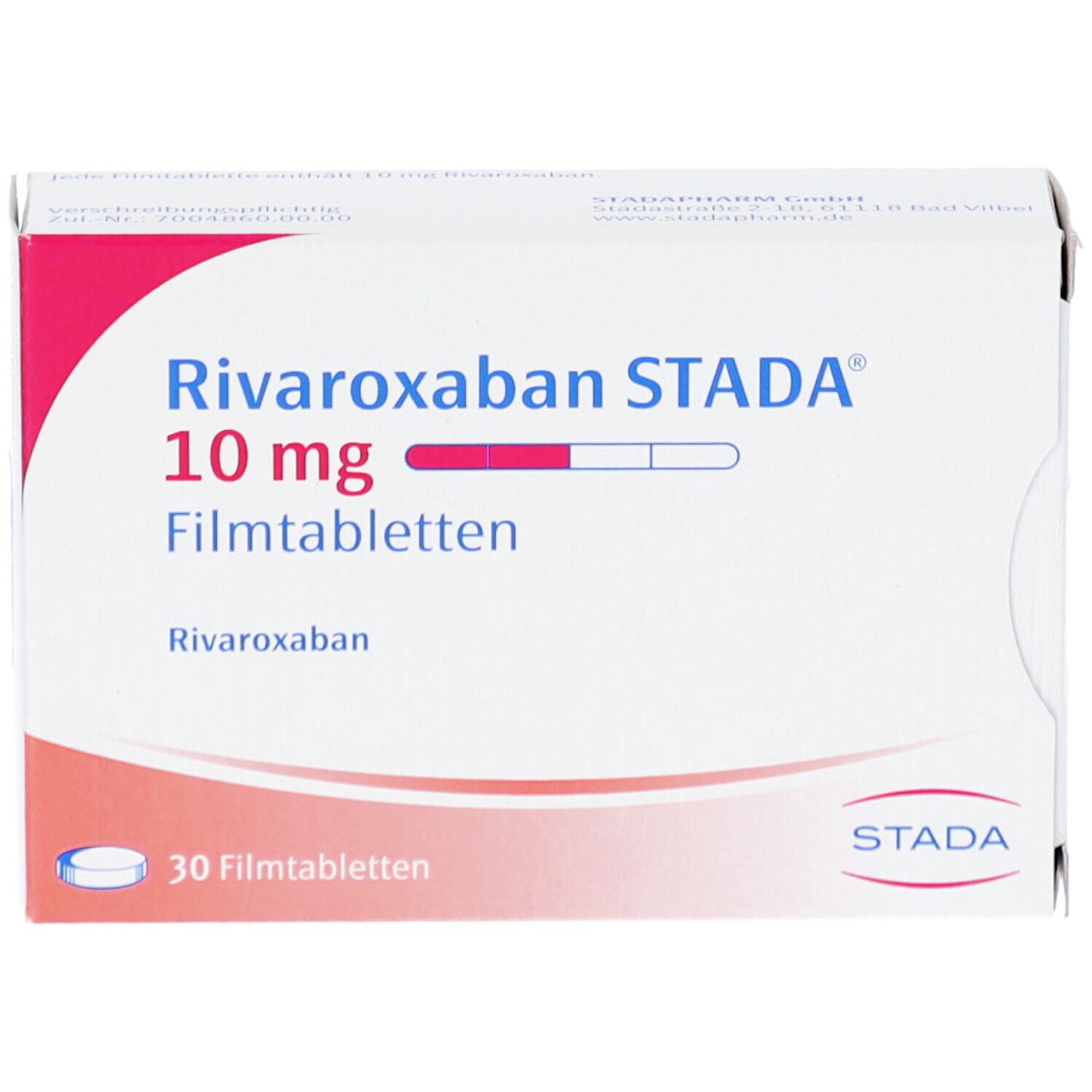 Schachtel mit RIVAROXABAN STADA 10 mg Filmtabletten. Aufdruck: 30 Filmtabletten. STADA-Logo.