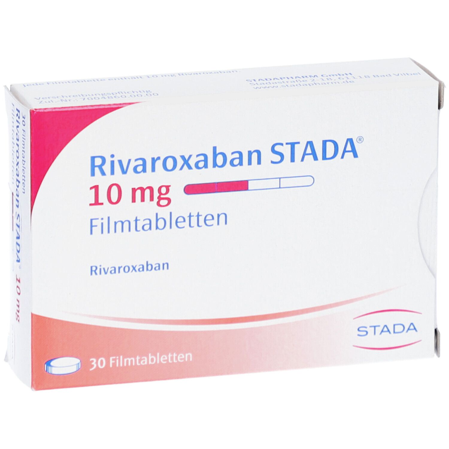 Schachtel mit RIVAROXABAN STADA 10 mg Filmtabletten. Aufdruck: 30 Filmtabletten. STADA-Logo.