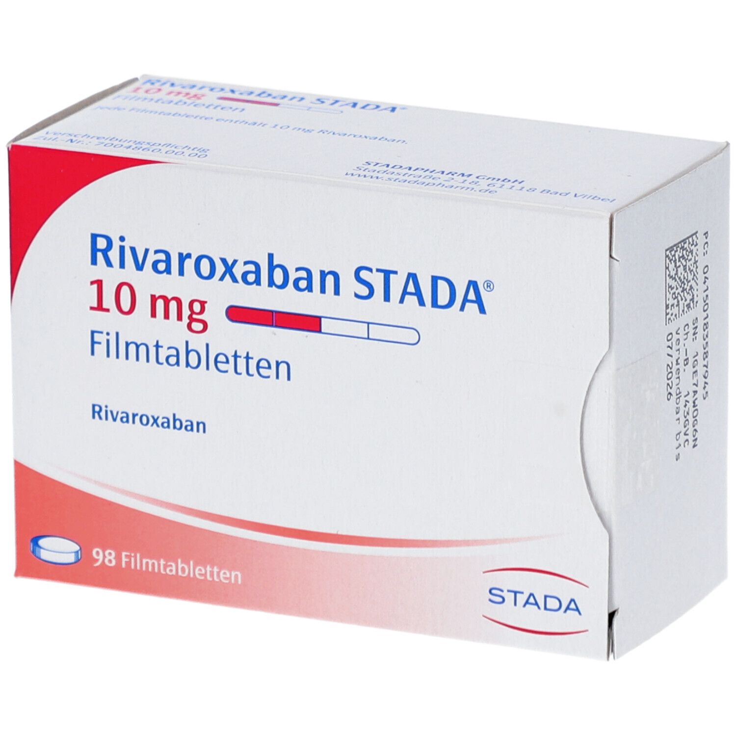 Schachtel mit Rivaroxaban STADA 10 mg Filmtabletten. Aufdruck: 98 Filmtabletten. STADA Logo.