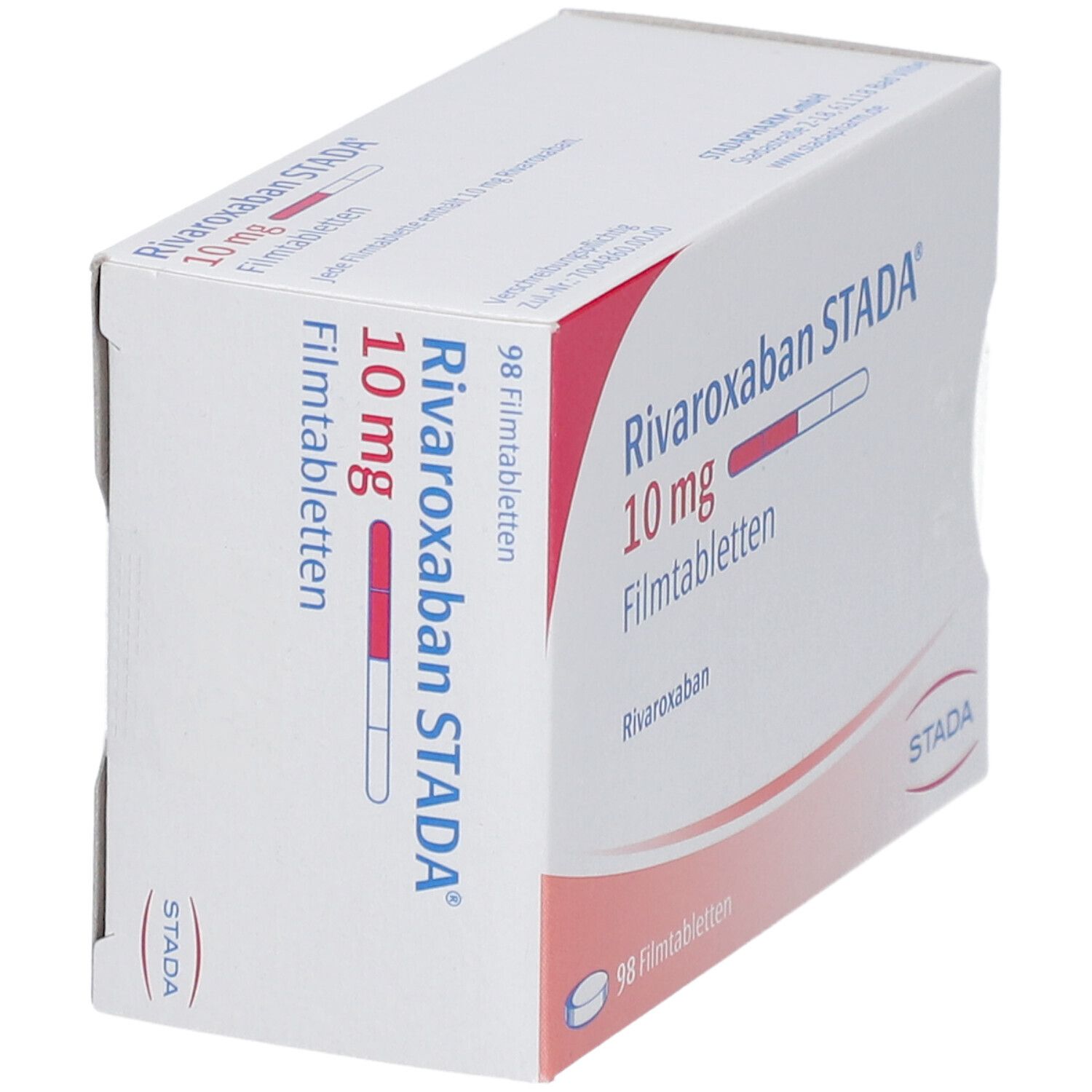 Schachtel mit Rivaroxaban STADA 10 mg Filmtabletten. Aufdruck: 98 Filmtabletten. STADA Logo.