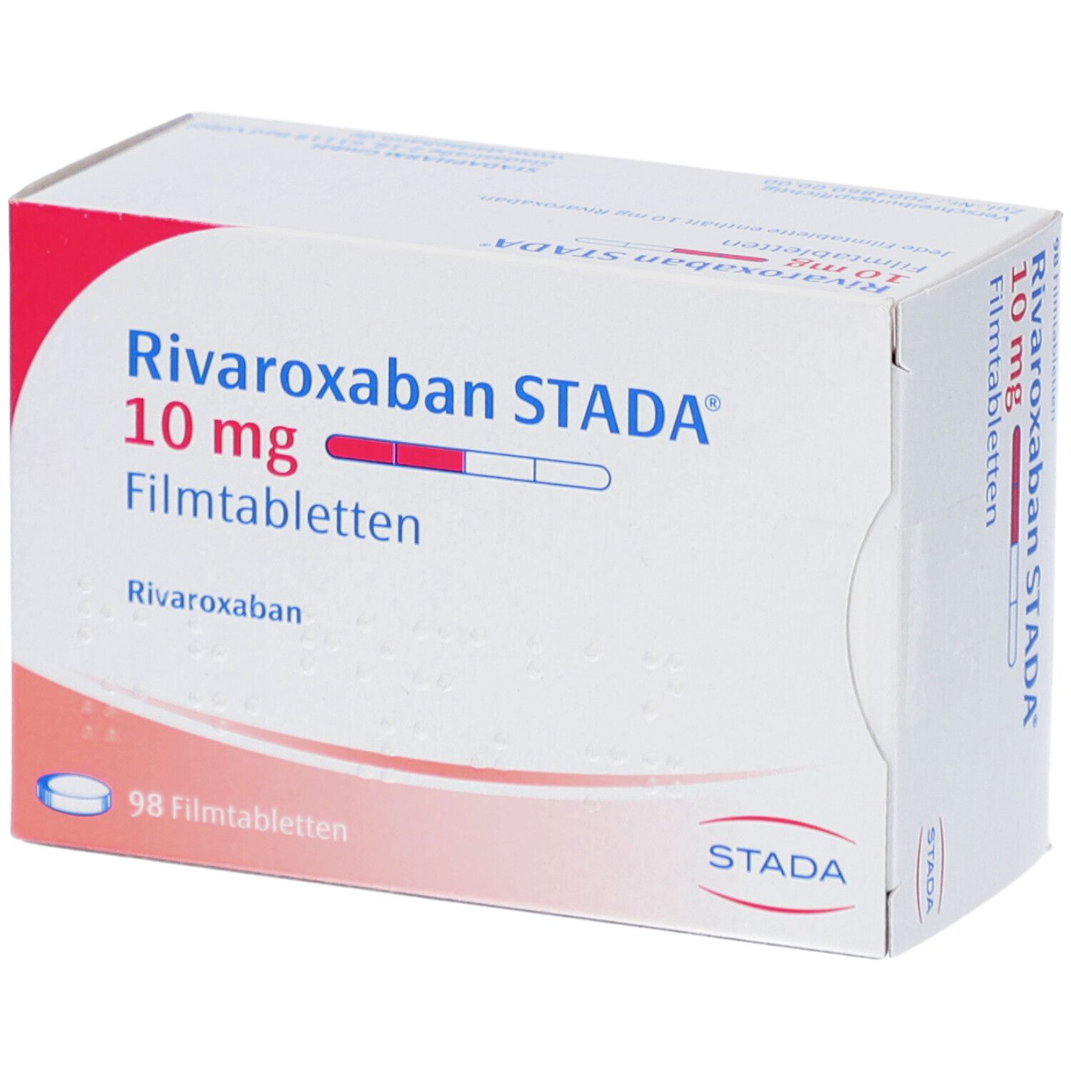 Schachtel mit Rivaroxaban STADA 10 mg Filmtabletten. Aufdruck: 98 Filmtabletten. STADA Logo.