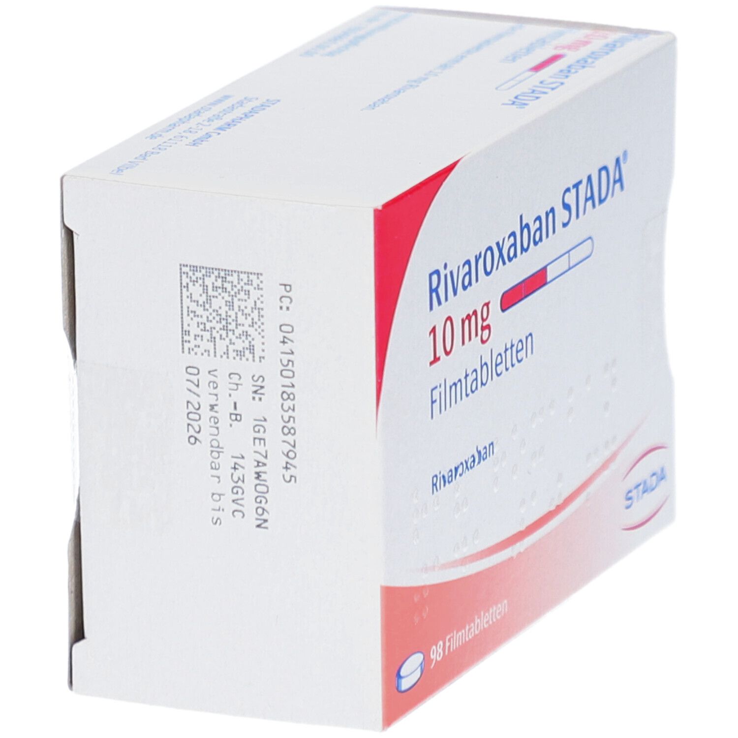 Schachtel mit Rivaroxaban STADA 10 mg Filmtabletten. Aufdruck: 98 Filmtabletten. STADA Logo.
