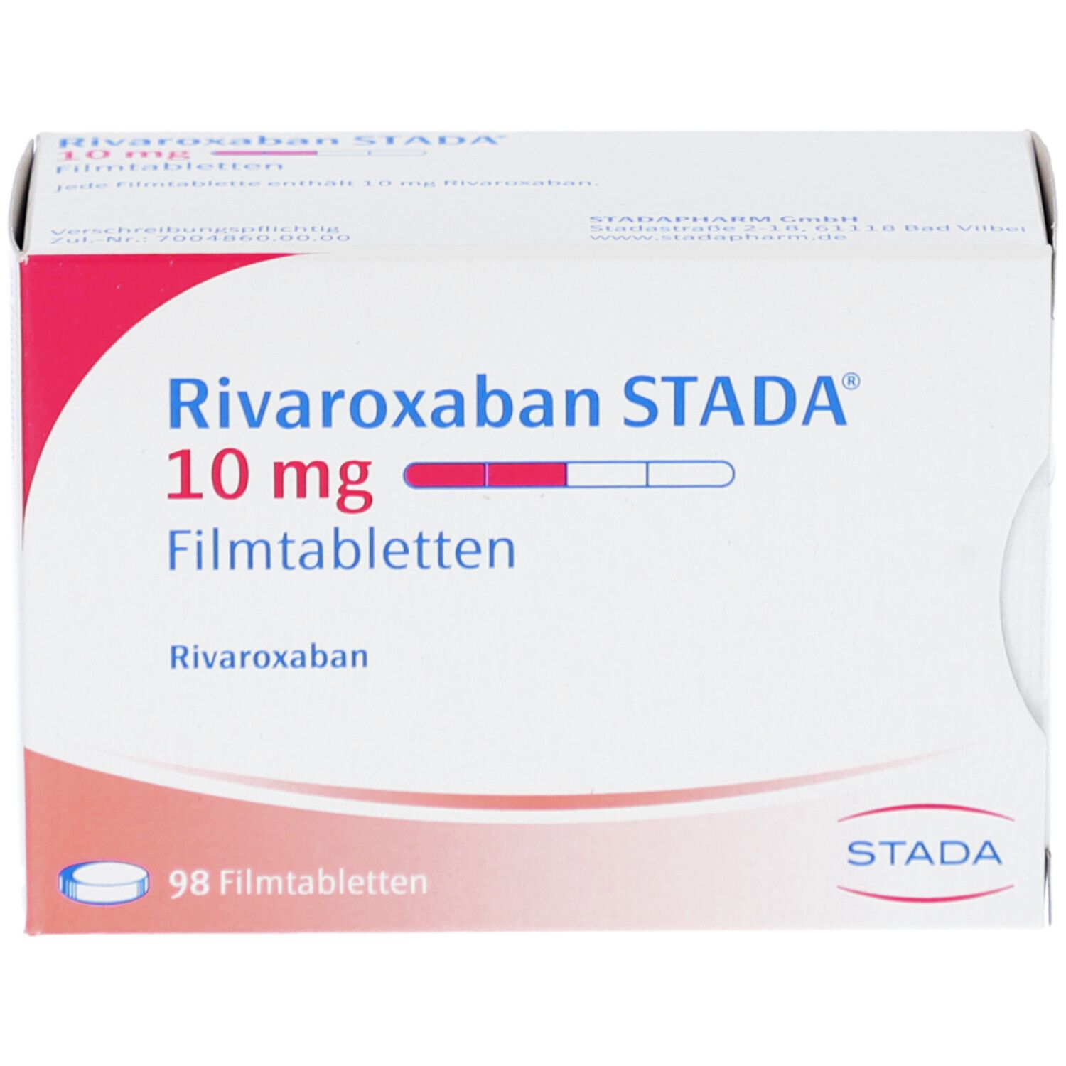 Schachtel mit Rivaroxaban STADA 10 mg Filmtabletten. Aufdruck: 98 Filmtabletten. STADA Logo.