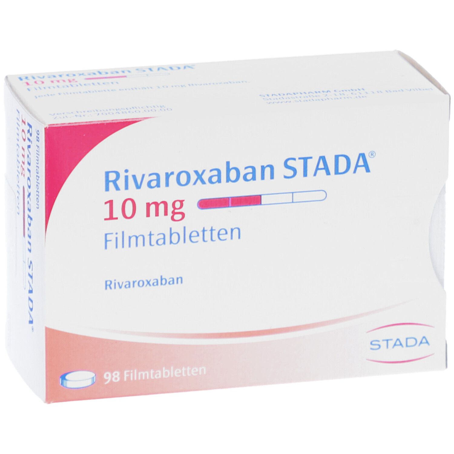 Schachtel mit Rivaroxaban STADA 10 mg Filmtabletten. Aufdruck: 98 Filmtabletten. STADA Logo.