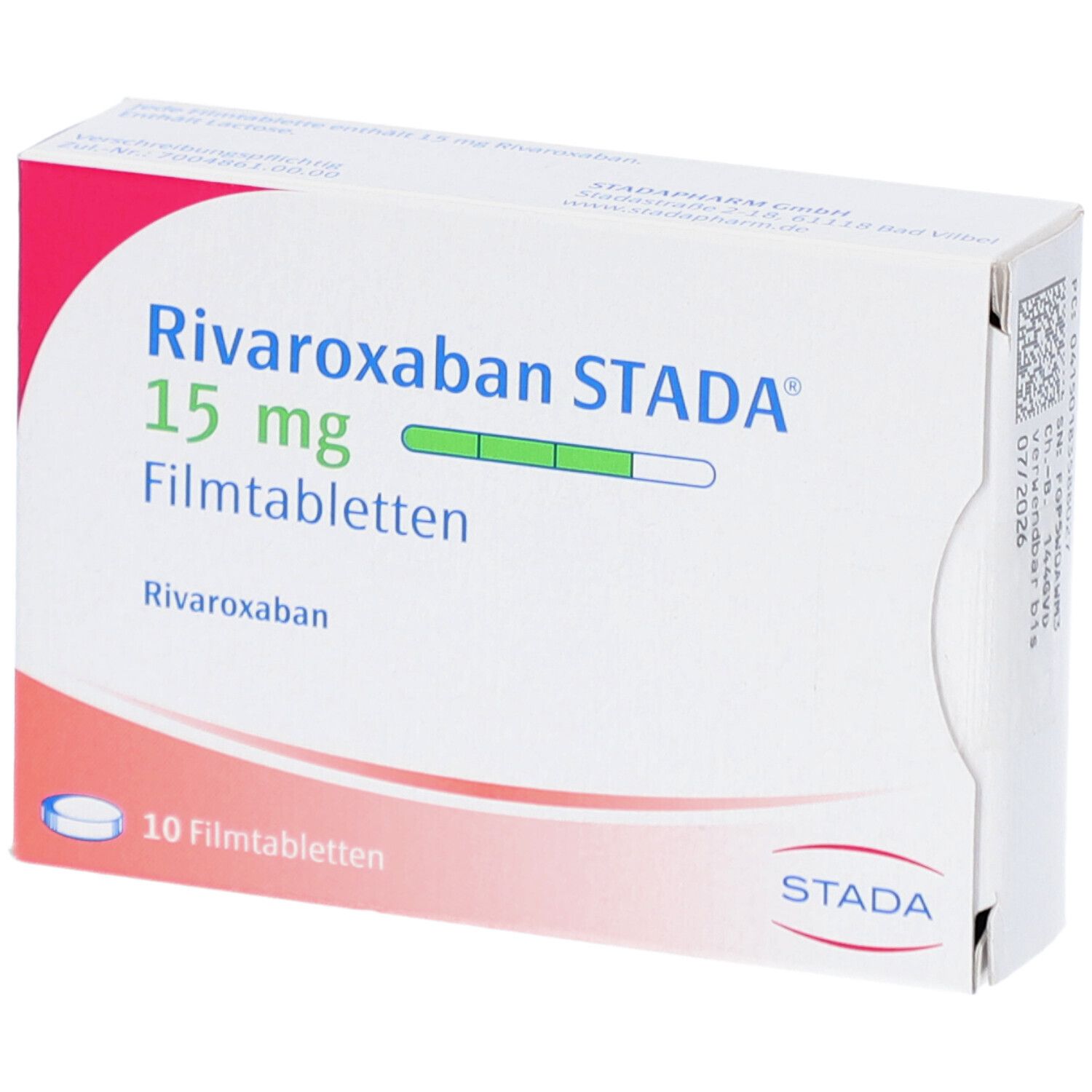 Schachtel mit Rivaroxaban STADA 15 mg Filmtabletten. Aufdruck: 10 Filmtabletten. STADA Logo.
