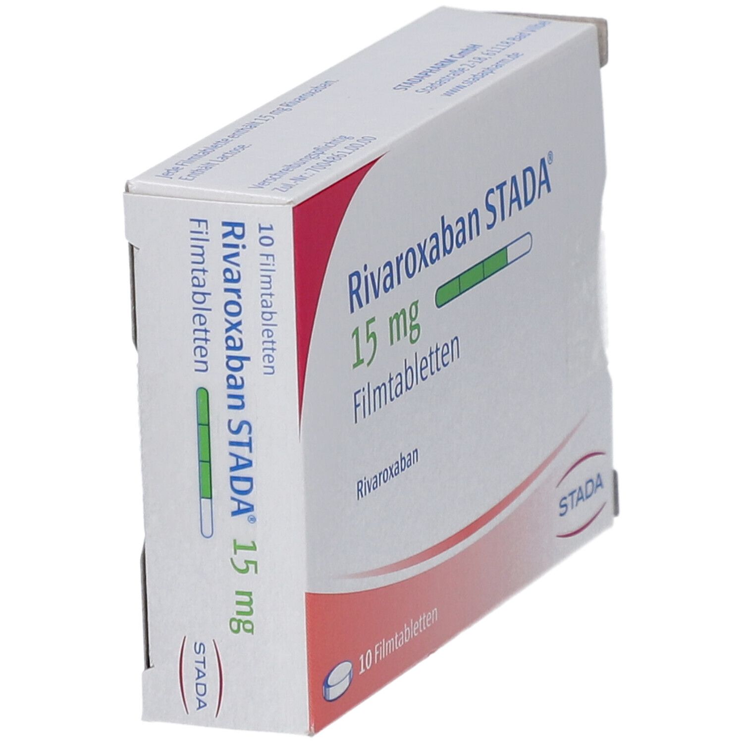 Schachtel mit Rivaroxaban STADA 15 mg Filmtabletten. Seitenansicht. Aufdruck: 10 Filmtabletten. STADA Logo.