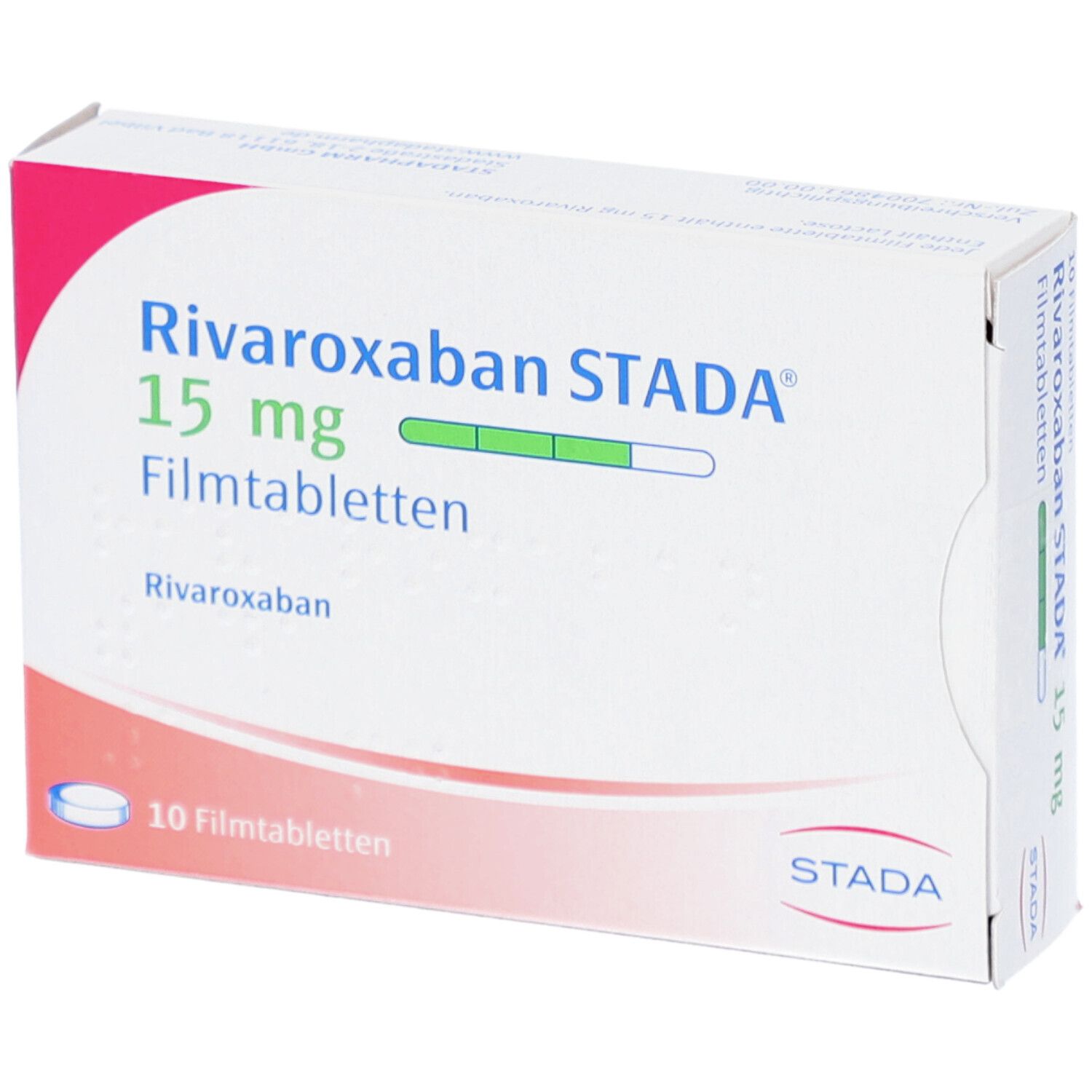 Schachtel mit Rivaroxaban STADA 15 mg Filmtabletten. Aufdruck: 10 Filmtabletten. STADA Logo.