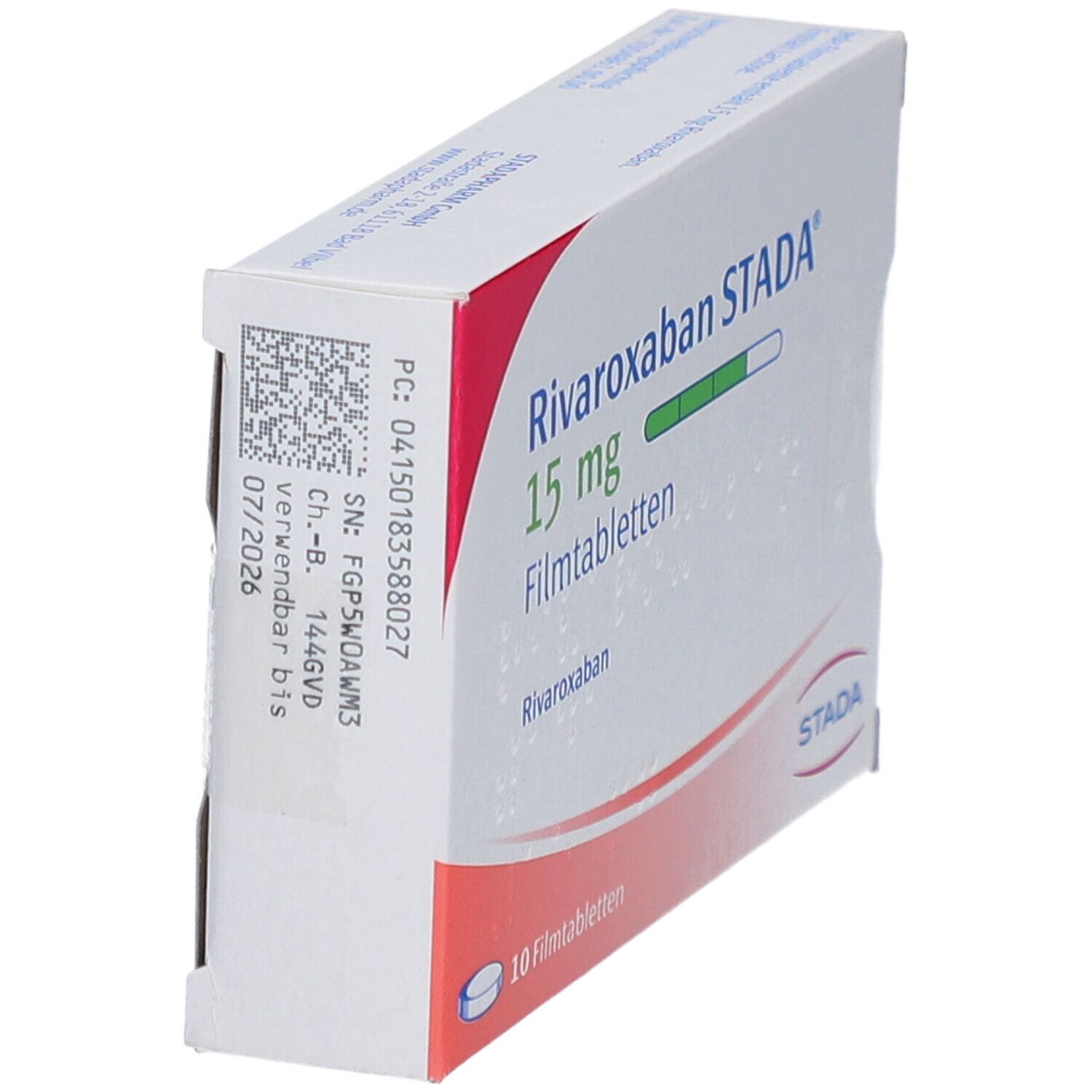 Schachtel mit Rivaroxaban STADA 15 mg Filmtabletten. Detailansicht. Aufdruck: 10 Filmtabletten. STADA Logo.